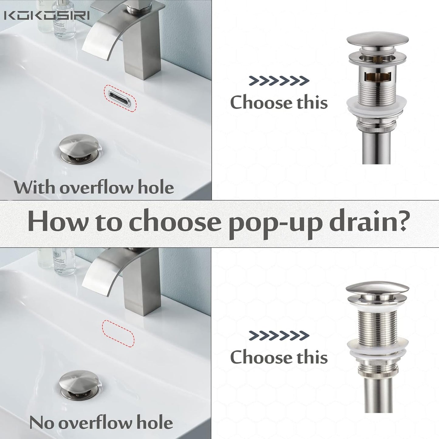 KOKOSIRI Pop Up Sink Drain with Strainer Basket, Brushed Nickel Bathroom Sink Drain with Detachable Hair Catcher Anti Clogging for Vanity Vessel Sink Without Overflow, C1002BR
