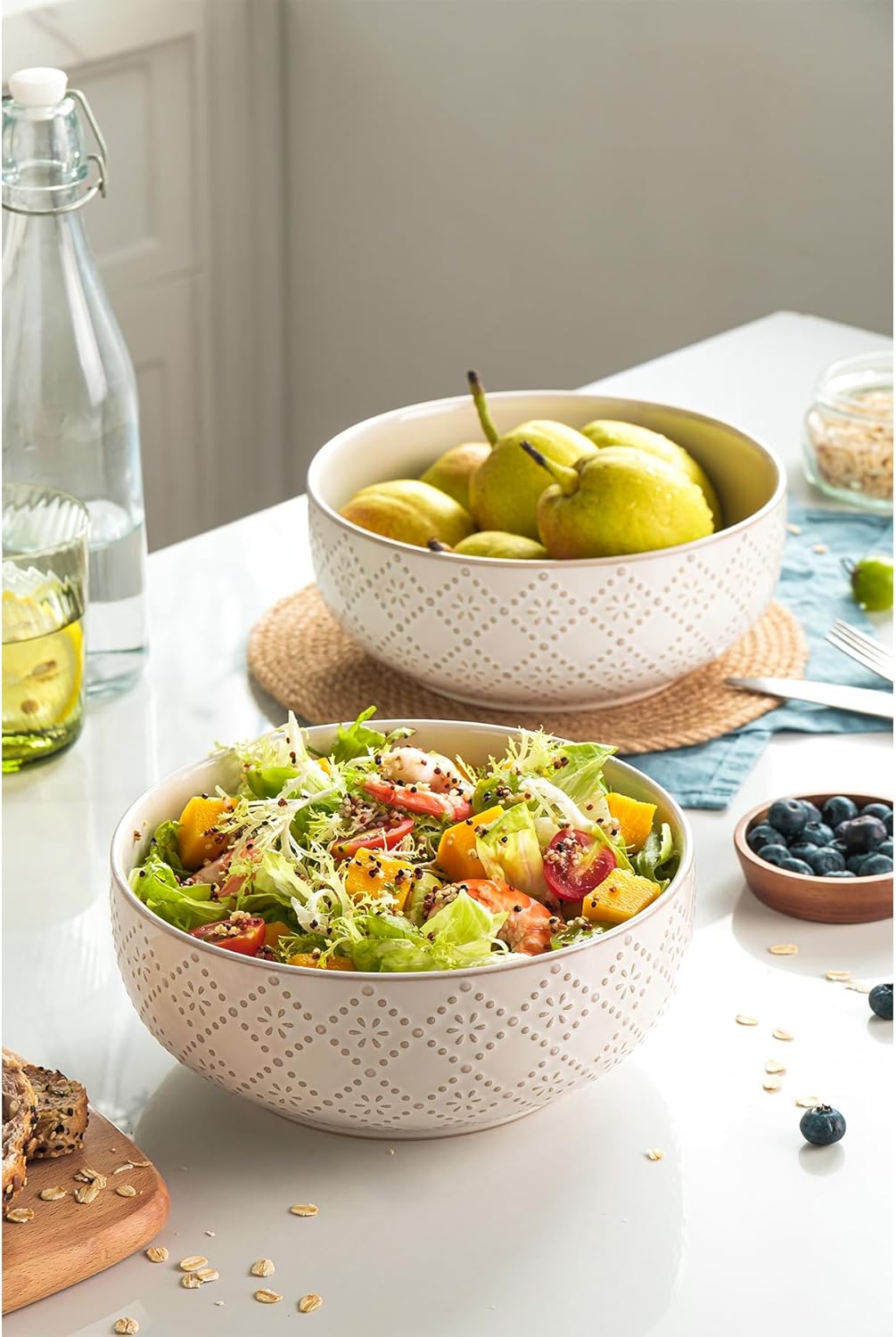 Large Serving Bowls, 8 inch 60 OZ Salad Bowls Set of 2, Ceramic Bowl Set for Salad，Ramen, Soup, Cereal and Entertaining, Farmhouse Decorative, Dishwasher & Microwave Safe, Off-White