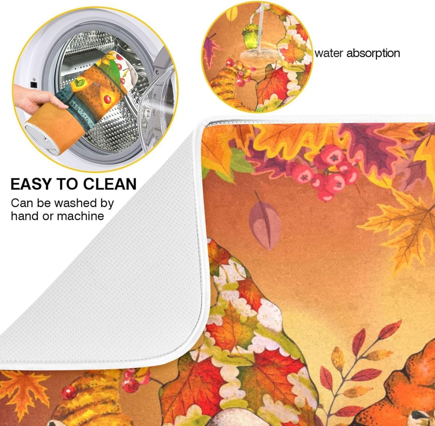 Thanksgiving Gnome Truck Autumn Dish Drying Mat for Kitchen Counter Absorbent Microfiber Drying Pad, Large 18x24 in, Maple Leaves Reversible Drainer Mats