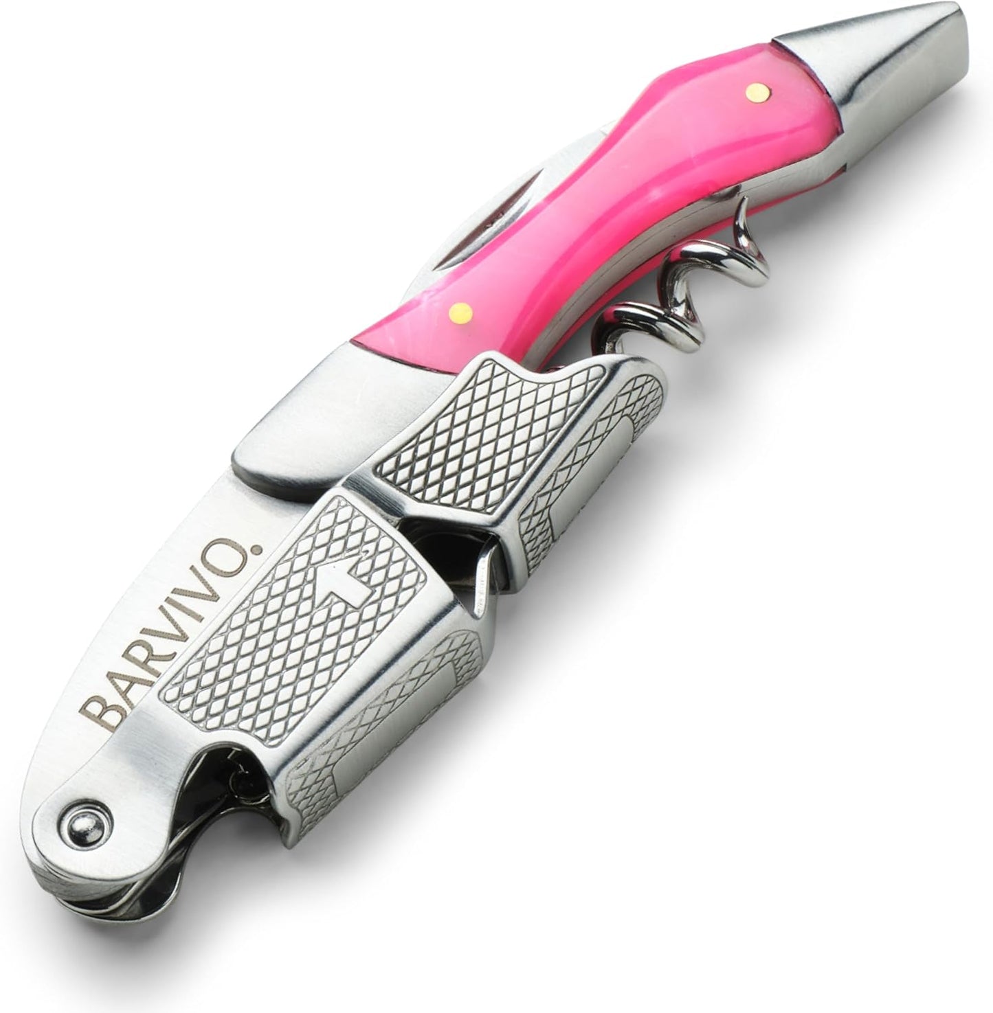 Barvivo Wine Opener with Foil Cutter and Cap Remover - Double Hinged Corkscrew for Bartenders - Stainless Steel Wine Key for Easy Bottle Opening - Manual Wine Bottle Opener - Pink Resin, 4.7x1.2-Inch