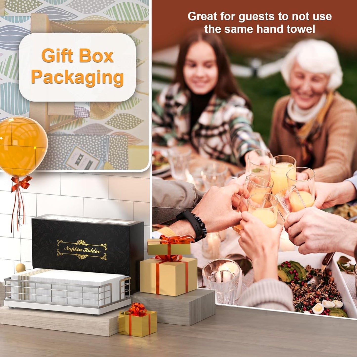 Wican Guest Towel Holder Tray for Bathroom, Oak and Iron Napkins Holder for Powder Room Dinning Table Wooden Basket for Disposable Paper Hand Towels Silvery and White