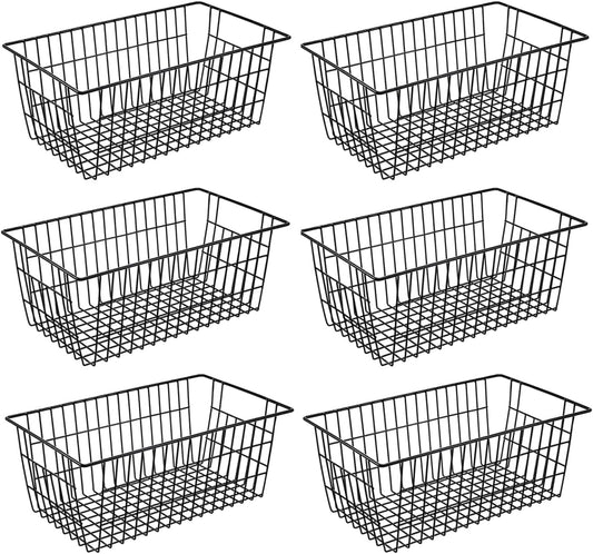 Redrubbit Wire Storage Baskets, Large Farmhouse Metal Freezer Basket Storage Organizer Bins with Handles for Kitchen Cabinets, Pantry, Closets, Bedrooms, Bathrooms, Set of 6, Black