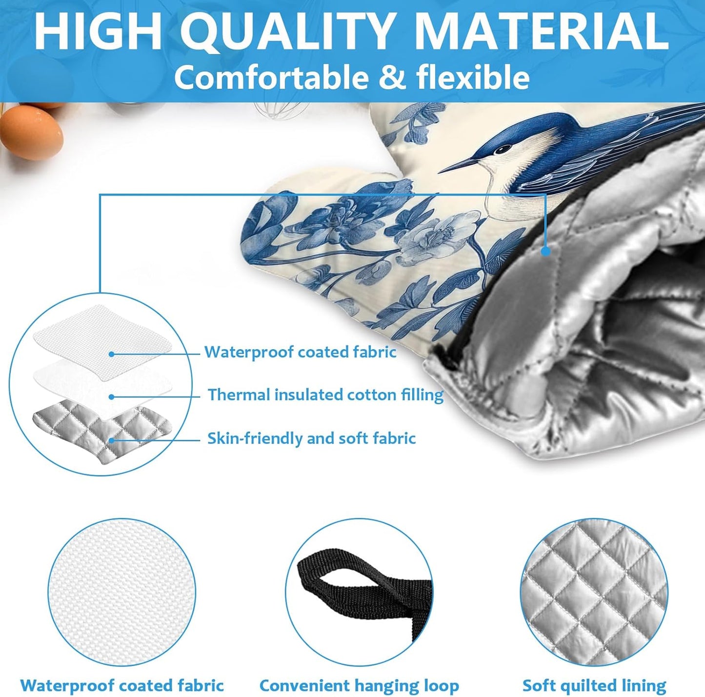 Blue Bird Blooming Flower Oven Mitts and Pot Holders Sets Heat Resistant 4Pcs Potholders Oven Gloves Hot Pads for Kitchen Baking Cooking Grilling BBQ