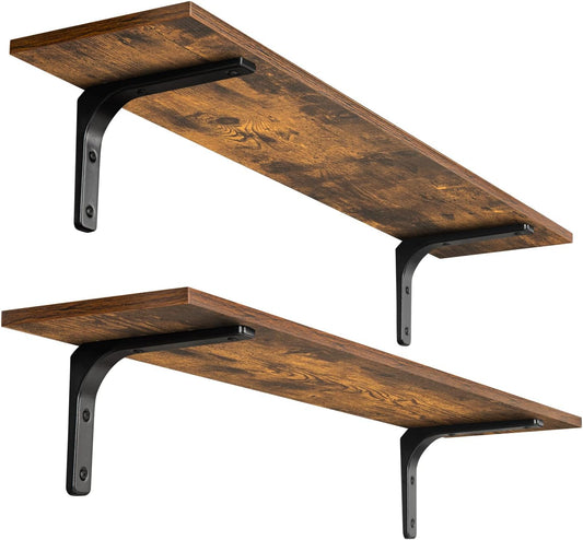 DINZI LVJ Long Wall Shelves, 39.4Inch Wall Mounted Shelves Set of 2, Extra Large Wall Storage Ledges with Sturdy Metal Brackets for Living Room, Bathroom, Bedroom, Kitchen, Rustic Brown