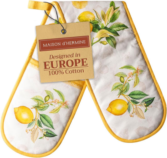 Maison d' Hermine Double Oven Mitts 100% Cotton 7"x35" Double Oven Mitt Heat Resistant BBQ Cooking Gloves with Loop, Baking, Grilling, Home, Kitchen, Handling Hot Pans Spring Summer (Limoncello)