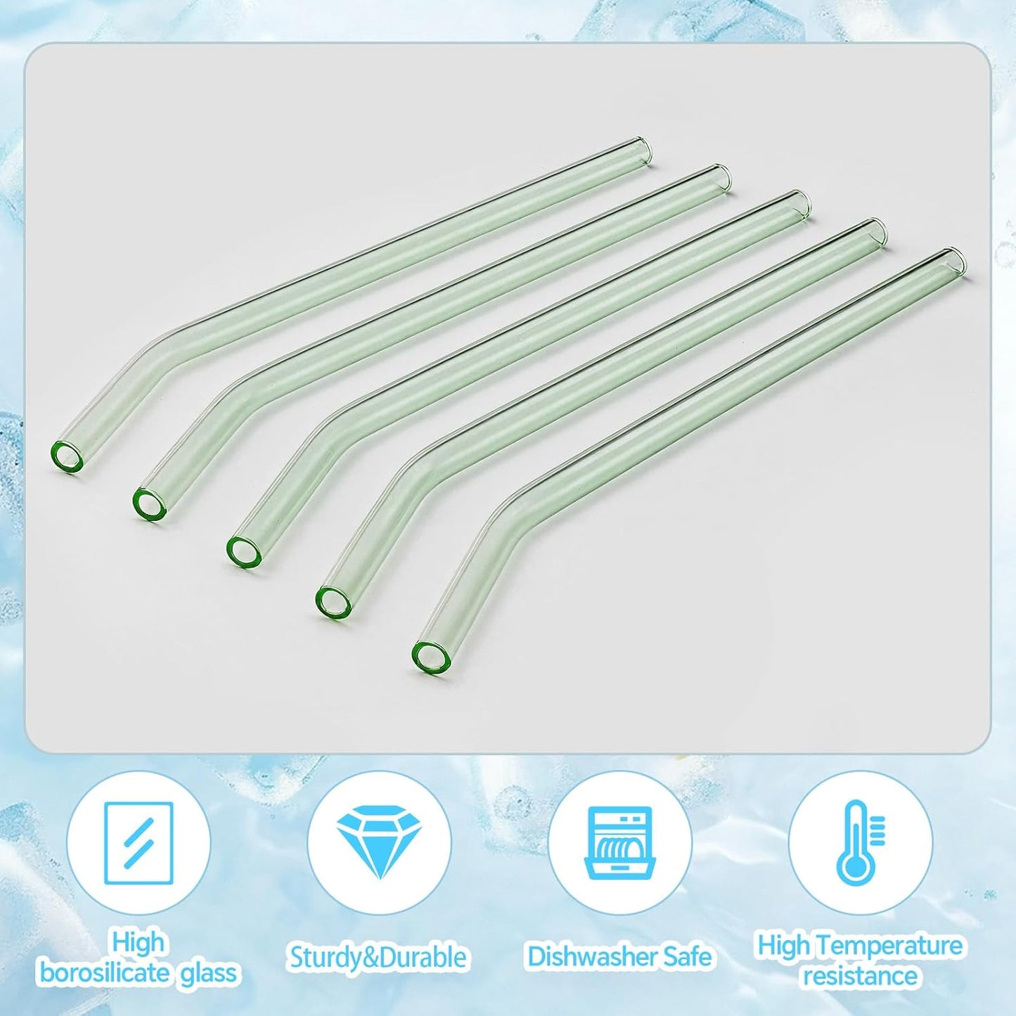 12 Pcs Reusable Glass Straws 8"x 8 mm Bent Glass Drinking Straws with Cleaning Brush for Tea, Smoothies, Milkshakes, Juices,Beverages(aqua)