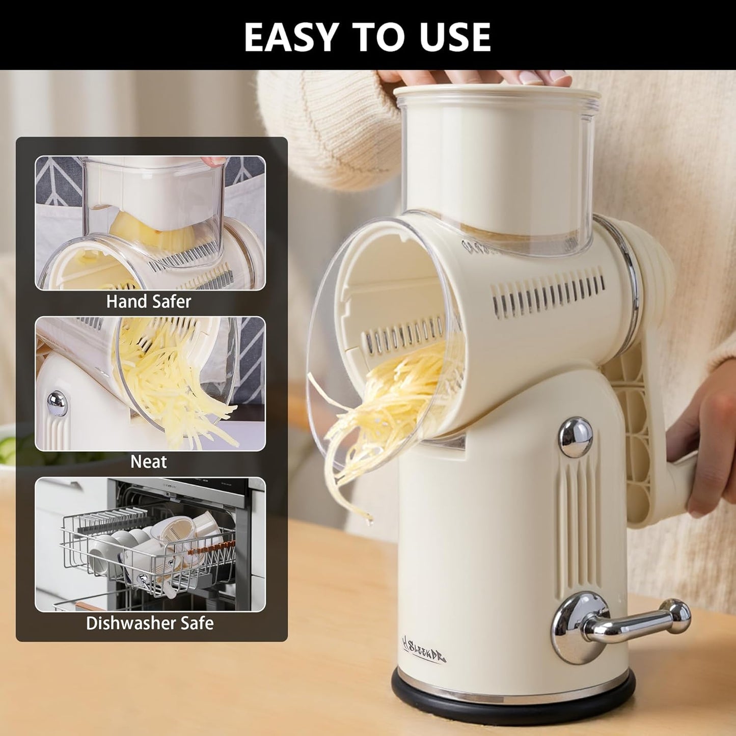 5 in 1 Rotary Cheese Grater Vegetable Slicer with Handle - Upgraded Hand Crank Cheese Grater with Handle and Strong Suction Base, Multi-Purpose Vegetable Slicer with 5 Well-Designed Blades