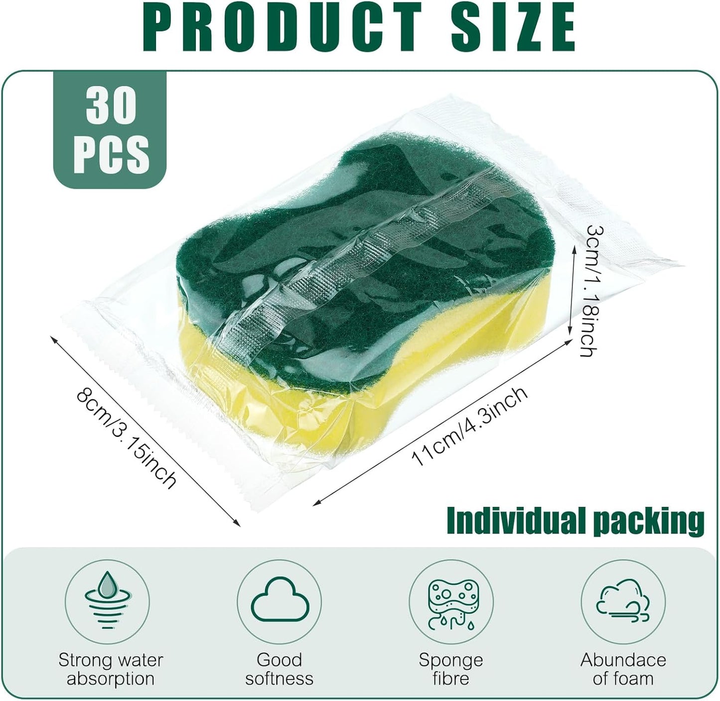 Tanlade 30 Pcs Individually Wrapped Sponges Kitchen Bulk Non Scratch Scouring Sponges for Dishes Household Cleaning Travel Apartments Hotel Car