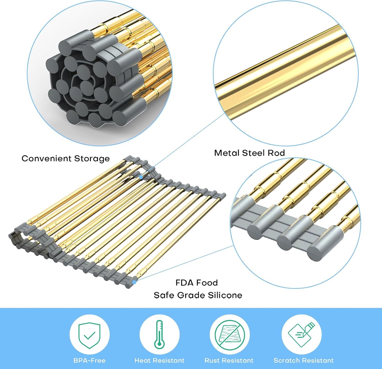 Expandable Large Draining Rack, Roll Up Heat-Resistant Dish Drainer for Stainless Steel Sinks, Collapsible Over The Sink Rack Non-Slip Silicone Rolling Up Rack Gold 18 Tube