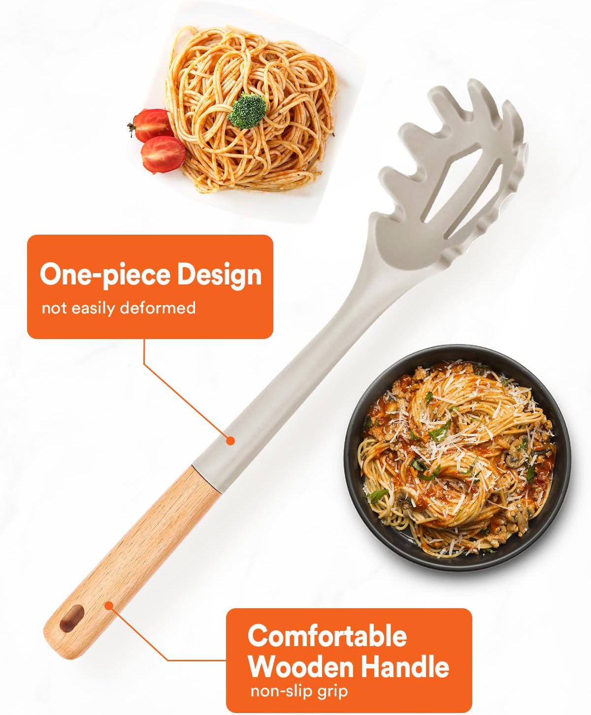 Silicone Pasta Fork, Kitchen Heat Resistant Noodle Spoon Server, BPA Free Spaghetti Strainer,12.8 inch (Khaki)