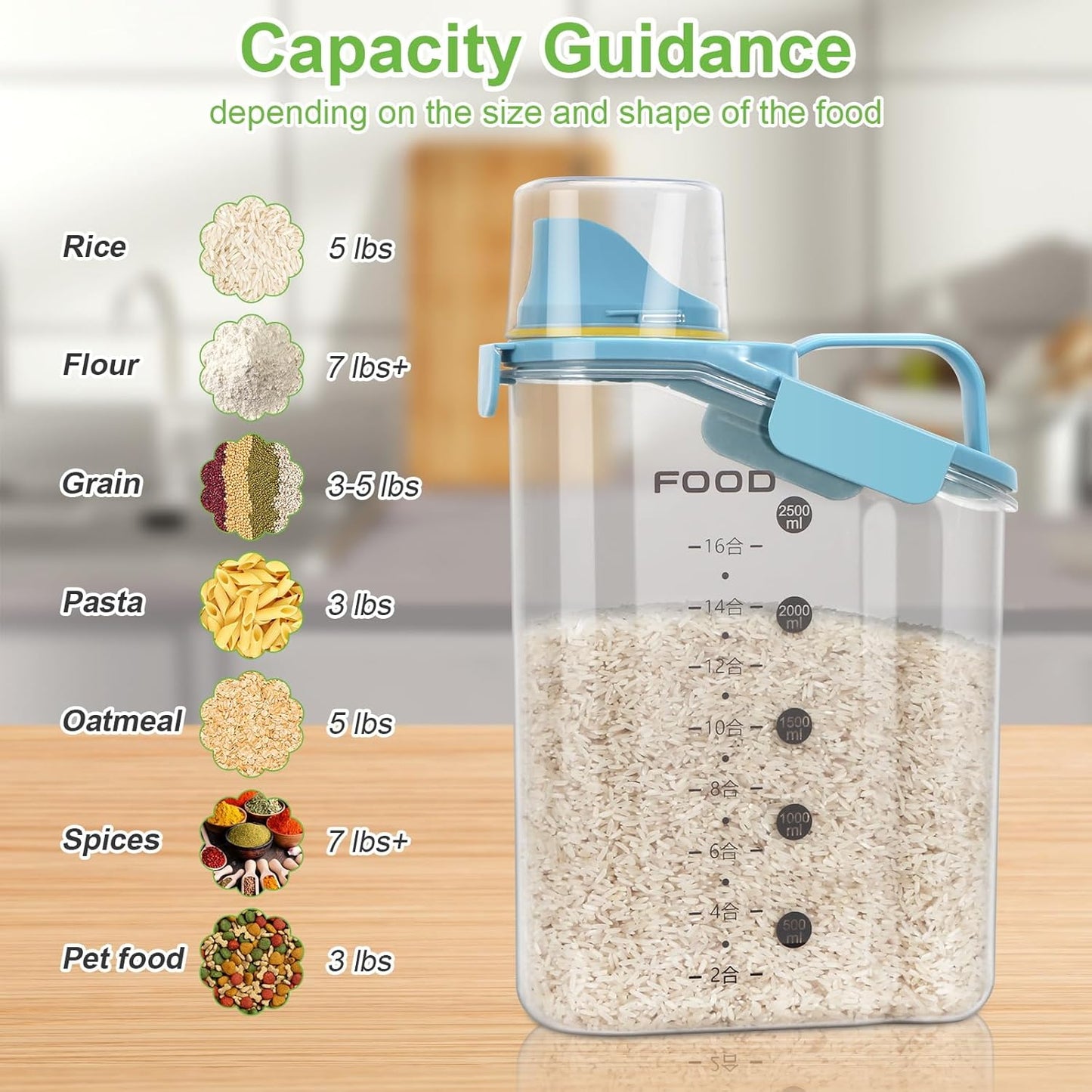 Rice Storage Container, Cereal Containers Storage, Dry Food Airtight Dispenser BPA Free, Clear Plastic Kitchen and Pantry Organization Bin (2, Blue, 3Qt)