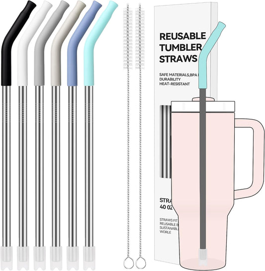 40 oz Straight Metal Straws for 40 oz Stanley Tumbler, 6 Pcs Stainless Steel Reusable Drinking Metal Straw with Colourful Silicone Tips,Straw for Glass Cups, BPA FREE