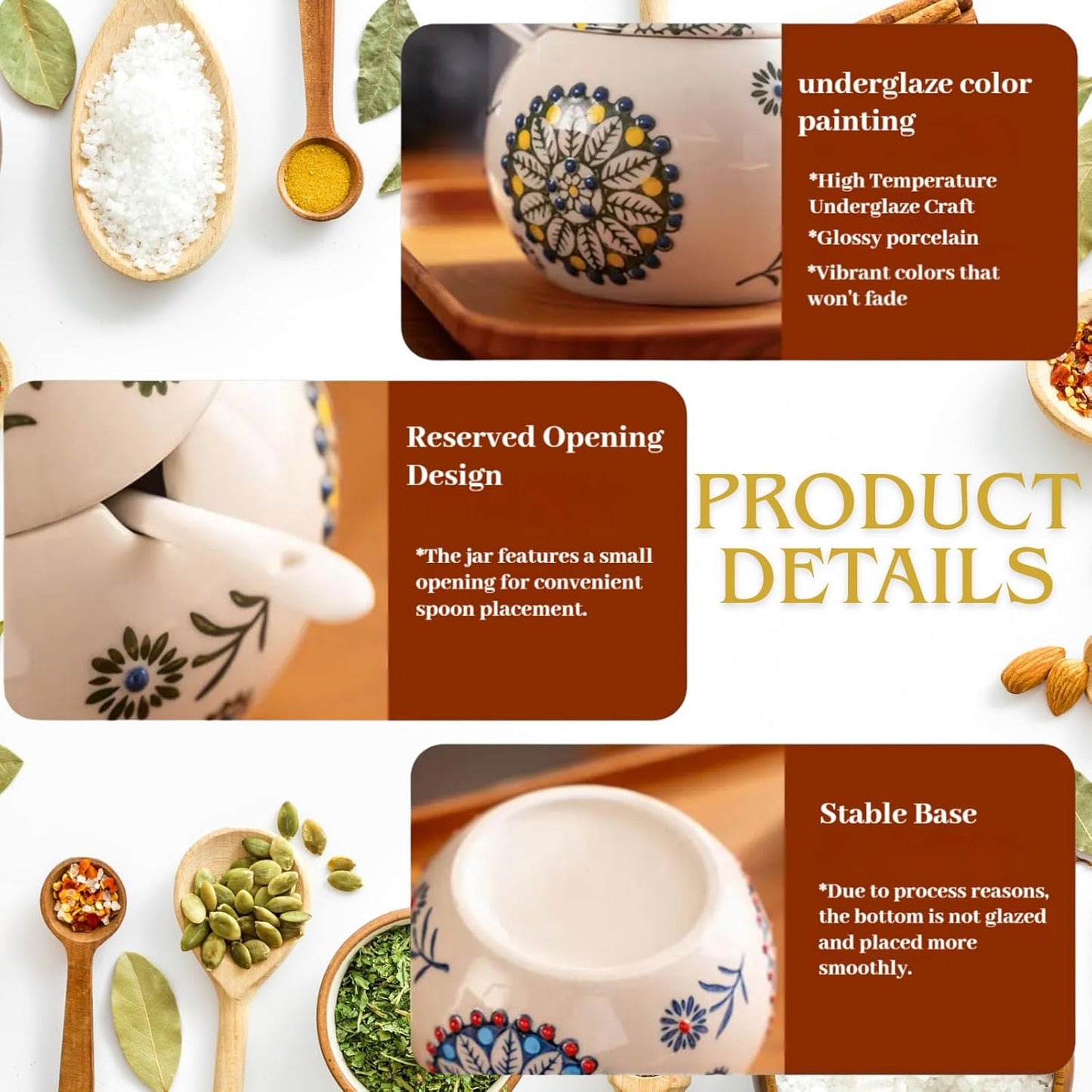 13.5 Oz Salt Cellar With Lid and Spoon (Green)- Ceramic Chicken Spice Jars for Salt, Sugar, Pepper - Spice Containers for Countertop