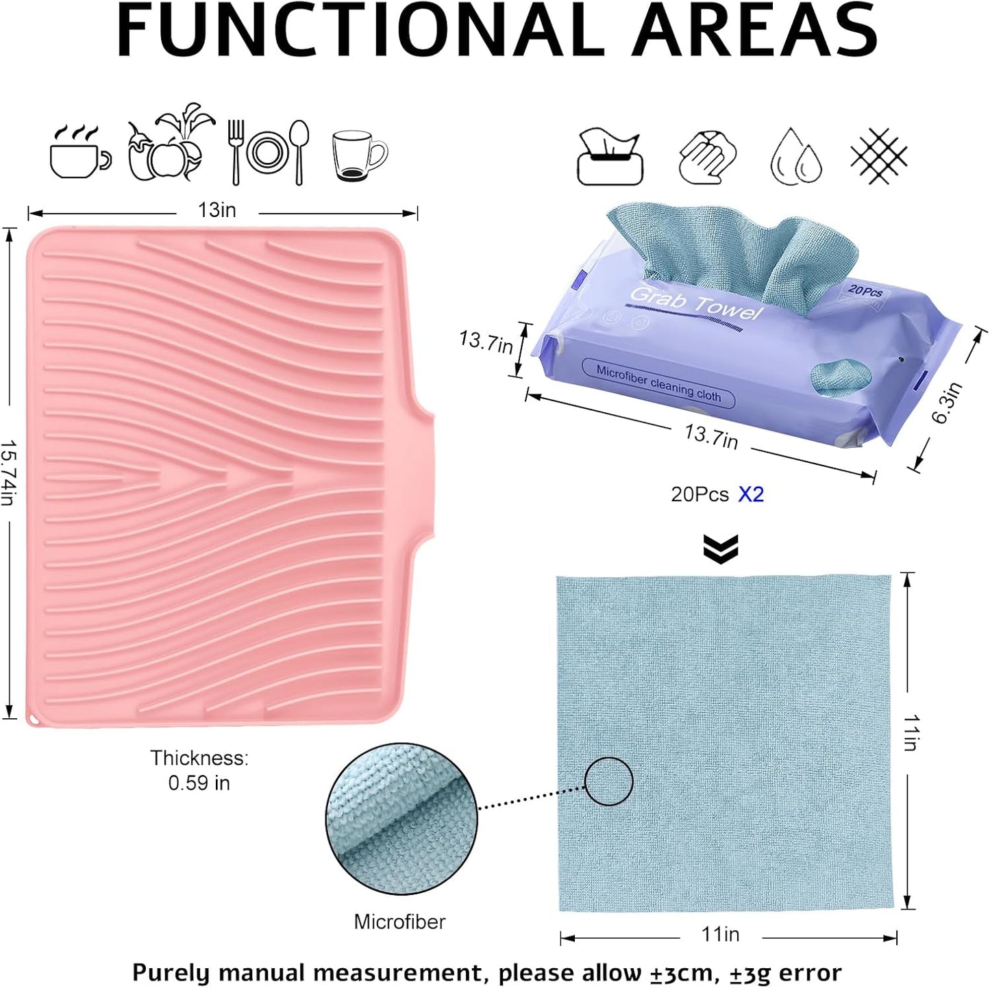 Silicone Dish Drying Mat, Stone Drying Mat for Kitchen Counter with Built-in Drain, Non-Slip 15.8" X 13" Drying Matt Kitchen Counter and Grey Microfiber Cleaning Cloth, Cleaning Rags Set(Pink)