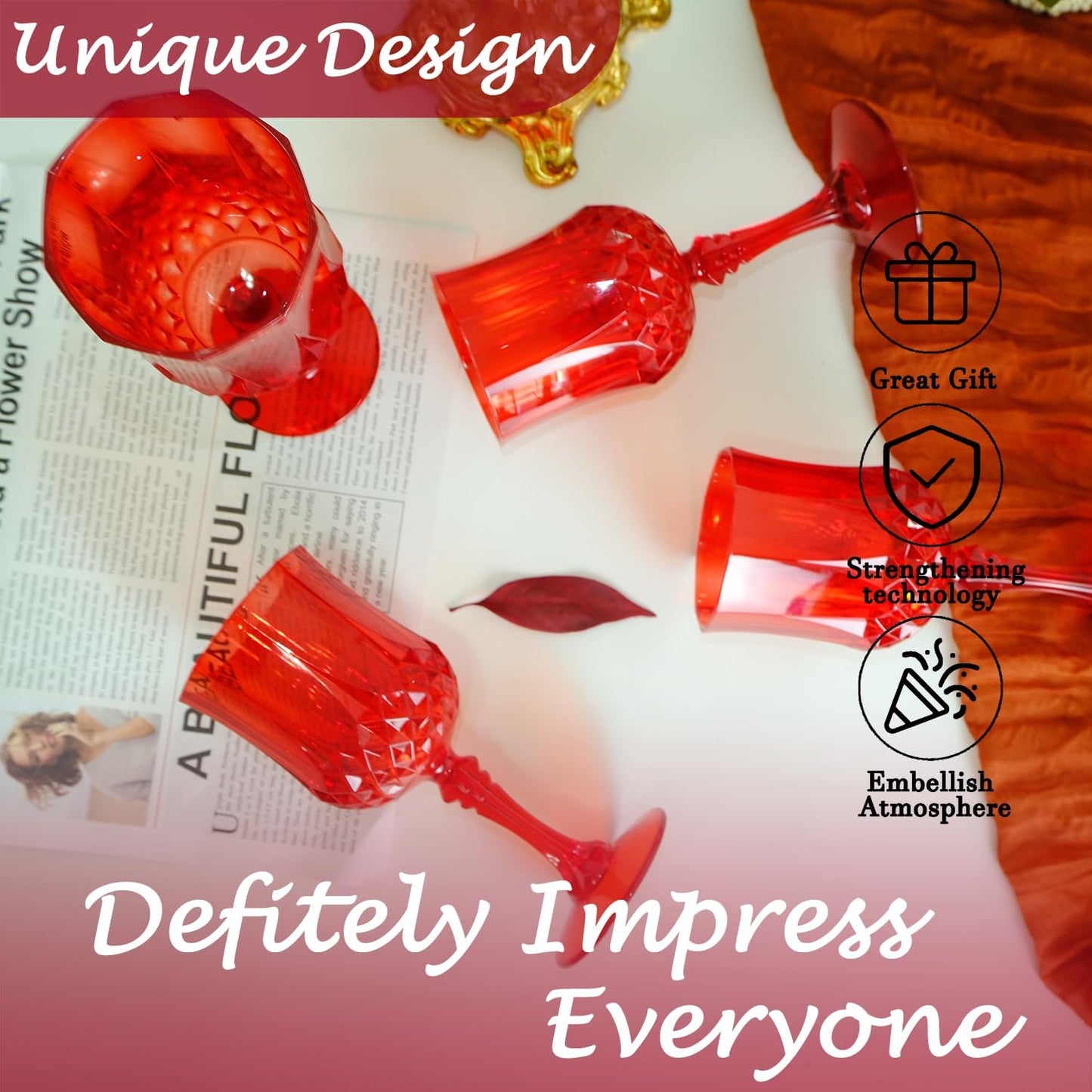 Plastic Wine Glasses，Plastic Goblets Vintage Style Cordial Drinking Glasses for Wedding Reception, Grand Event Party Supplies (48, Red)