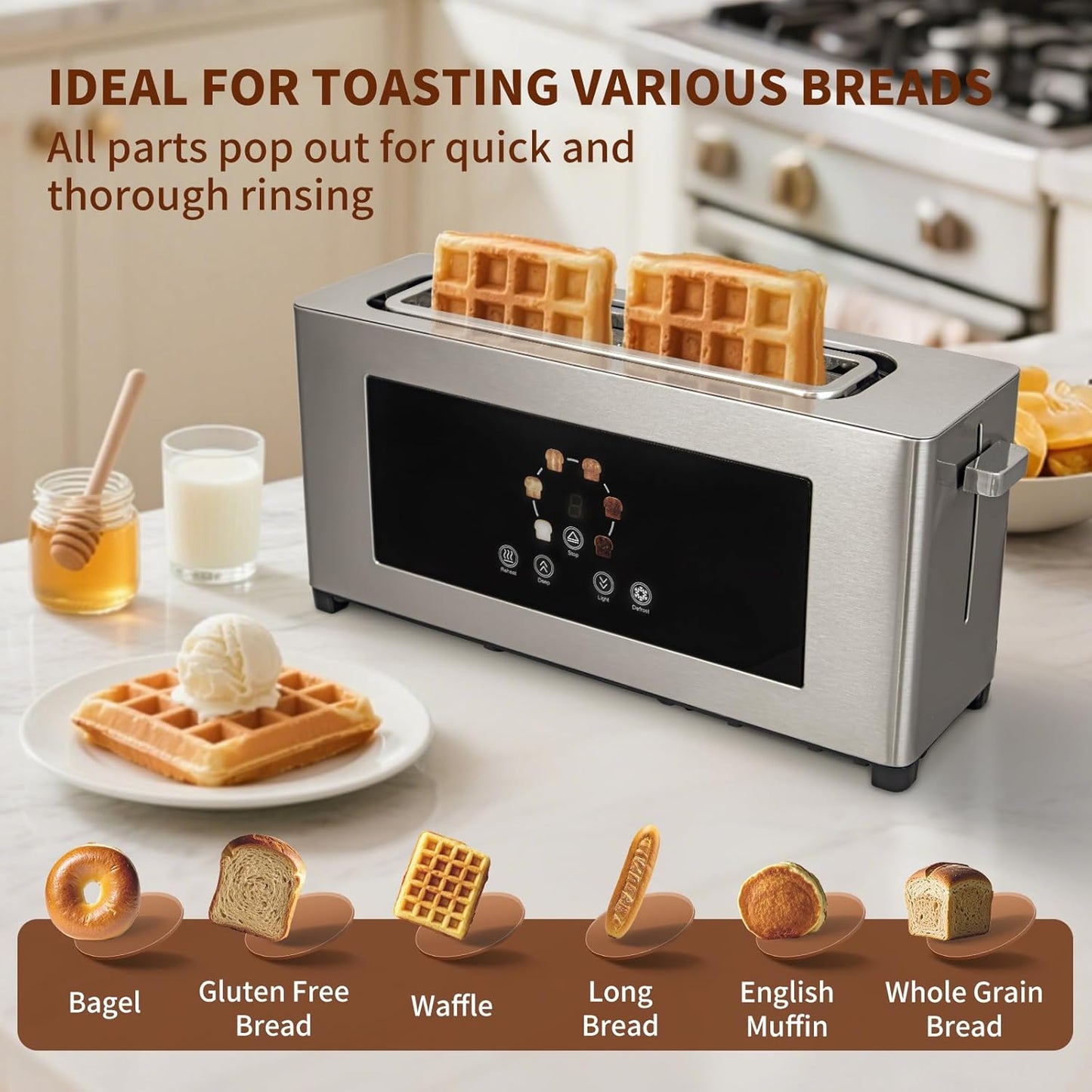 2 Slice Toaster with Touch Screen, Slim Toaster For Long Slice, 1.6" Wide Slot, 6 Browning Levels, 1000W Fast Heating, Slim Stainless Steel Design for Bagels, Baguettes, Compact Kitchen & RV Use