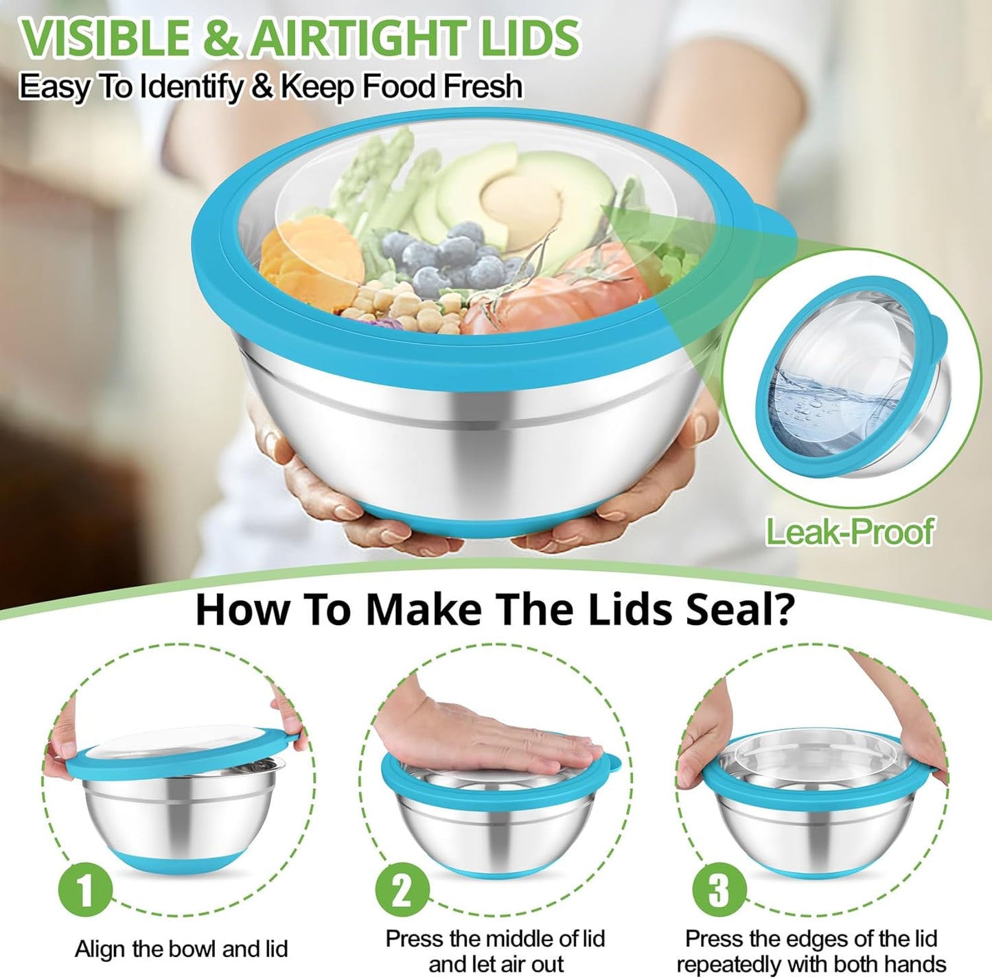 TeamFar Mixing Bowls, 5PCS Stainless Steel Serving Salad Bowls with Lids, For Kitchen Mixing/Baking/Storing/Prepping, Visible & Airtight, Non-Slip Bottom - 4.6/3.5/1.5/1 / 0.7 QT, Multi-color