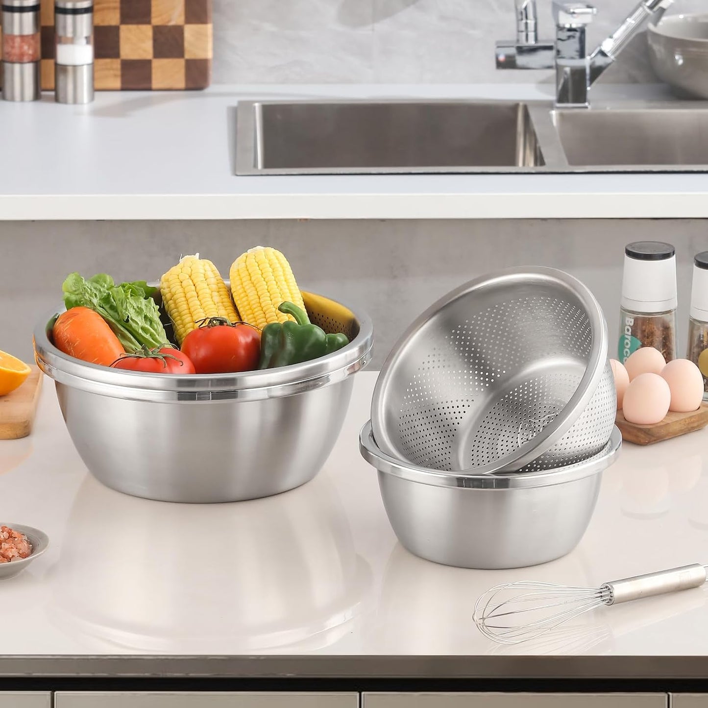 304 Stainless Steel Colander Microporous with Mixing Bowls, 2-Quart Strainers and Colanders for Kitchen, Food-Grade Strainer for Washing Vegetables, Fruit and Rice, Dishwasher Safe(2PCS)