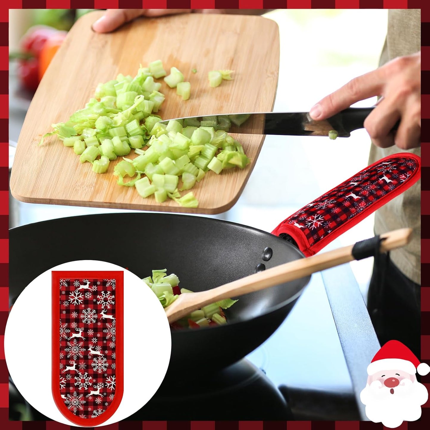 Patelai 8 Pack Christmas Cast Iron Skillet Handle Covers Red Green Hot Pot Handle Holder Cover Heat Resistant Non Slip Cast Iron Skillet Potholders Sleeves Protector for Kitchen Cooking Baking BBQ