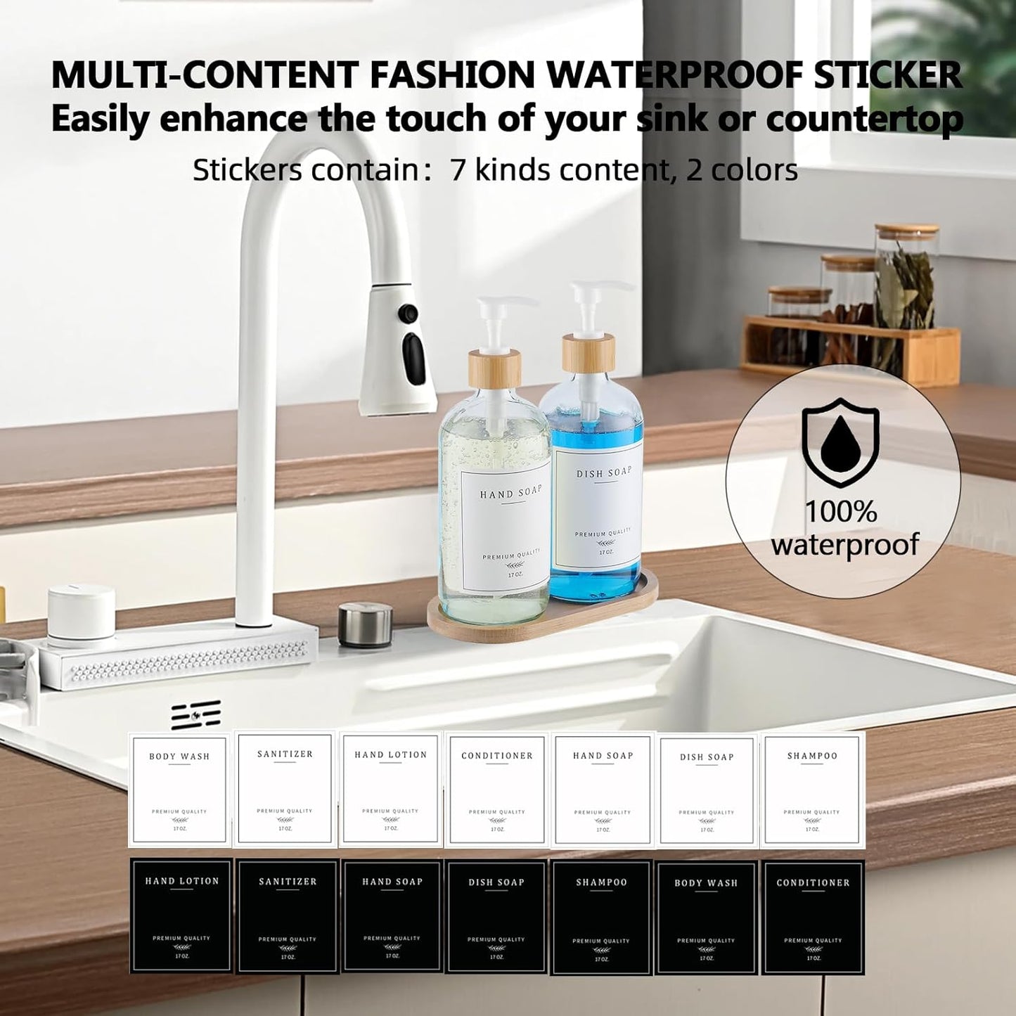 Clear Glass Soap Dispenser - Dish Hand Soap Dispenser Set for Kitchen, Refillable Soap Lotion Dispenser Bathroom with Sturdy Pump and Tray, 14 Waterproof Labels -Clear