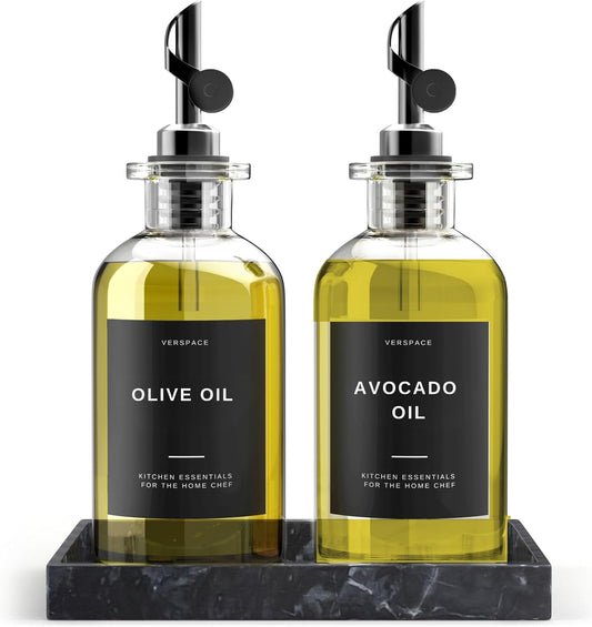 Olive Oil Dispenser Set With Silicone Tray & 40 Labels - 2 Black Bottles (500ml / 17oz) for Kitchen, Soy Sauce, Coffee Syrup