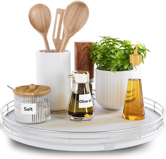 13" Lazy Susan Turntable Organizer for Table Top, Round Wooden Lazy Susan for Cabinet Kitchen Decor Centerpieces Coffee Table, Storage Condiments Spices, Bathroom Vanity Tray for Soap, White