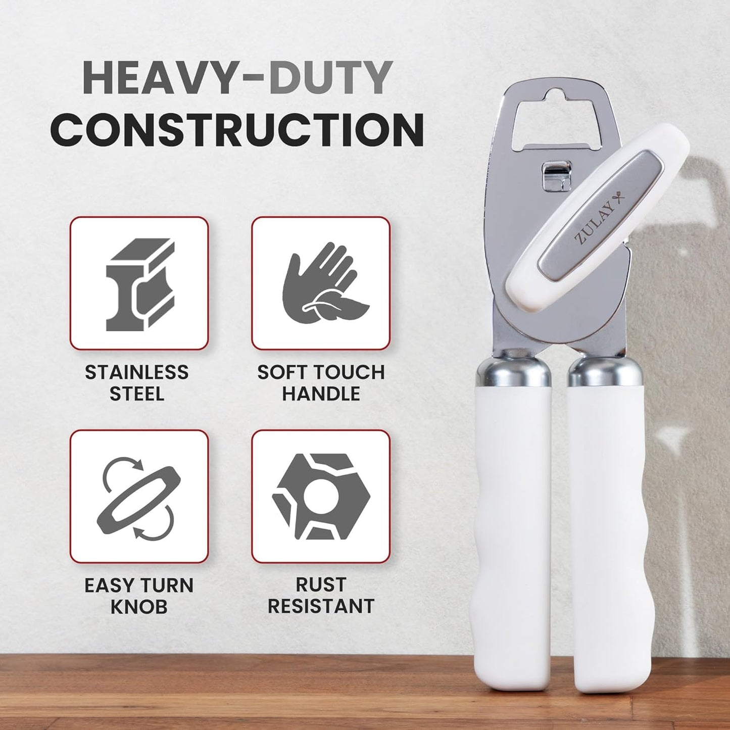 Zulay Kitchen Heavy Duty Stainless Steel Can Opener Manual with Bottle Opener - Rust Proof Manual Can Opener With Turn Knob & Soft Grip Handles