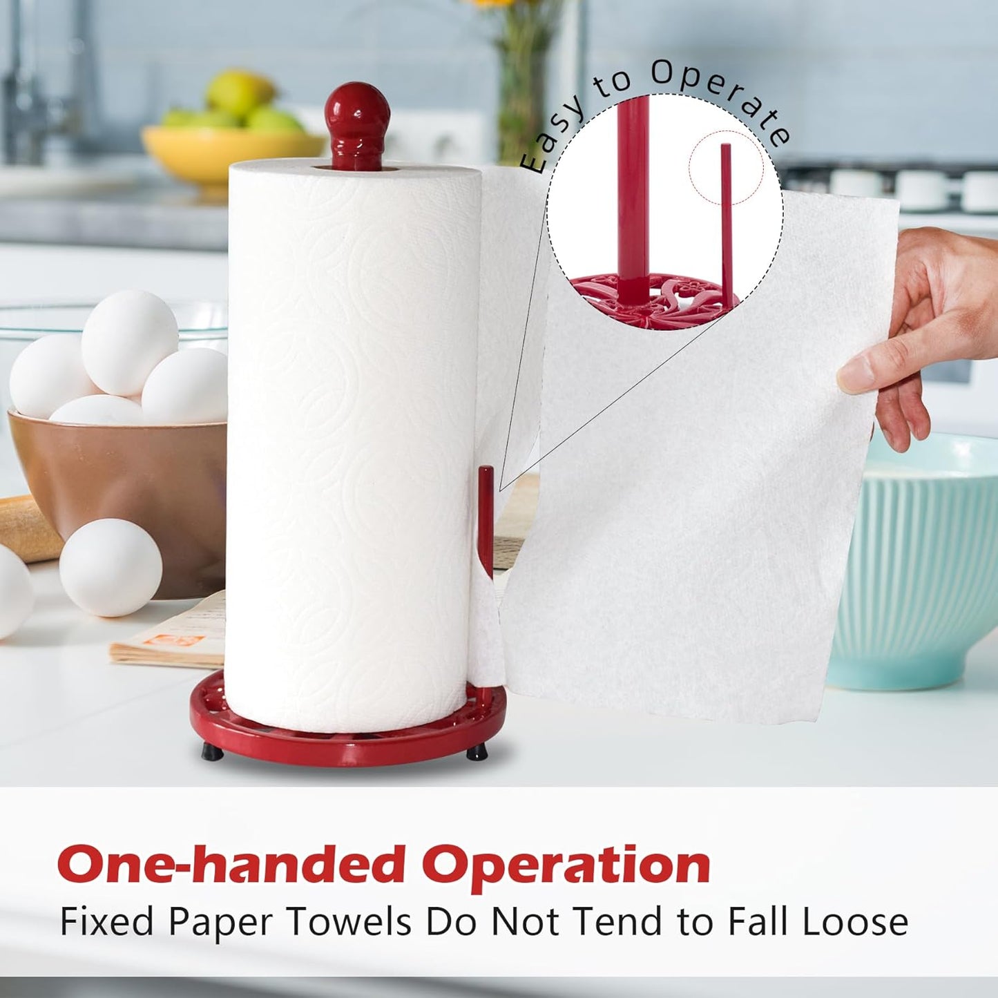 Vintage Paper Towel Holder Countertop - Cast Iron Standing Roll Paper Towel Dispenser with Elegant and Heavy Daffodil Pattern Base for Kitchen Décor, Red