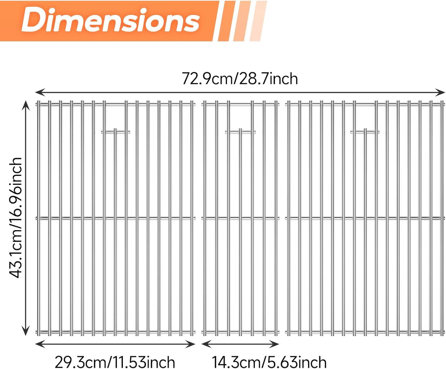 16.96 inch Stainless Steel Cooking Grates for Nexgrill 720-0882A Evolution Infrared Plus 5-Burner, Stainless Steel Gas Grills Grates Replacement Parts, Solid Rod Grill Cooking Grids, 3 Pack