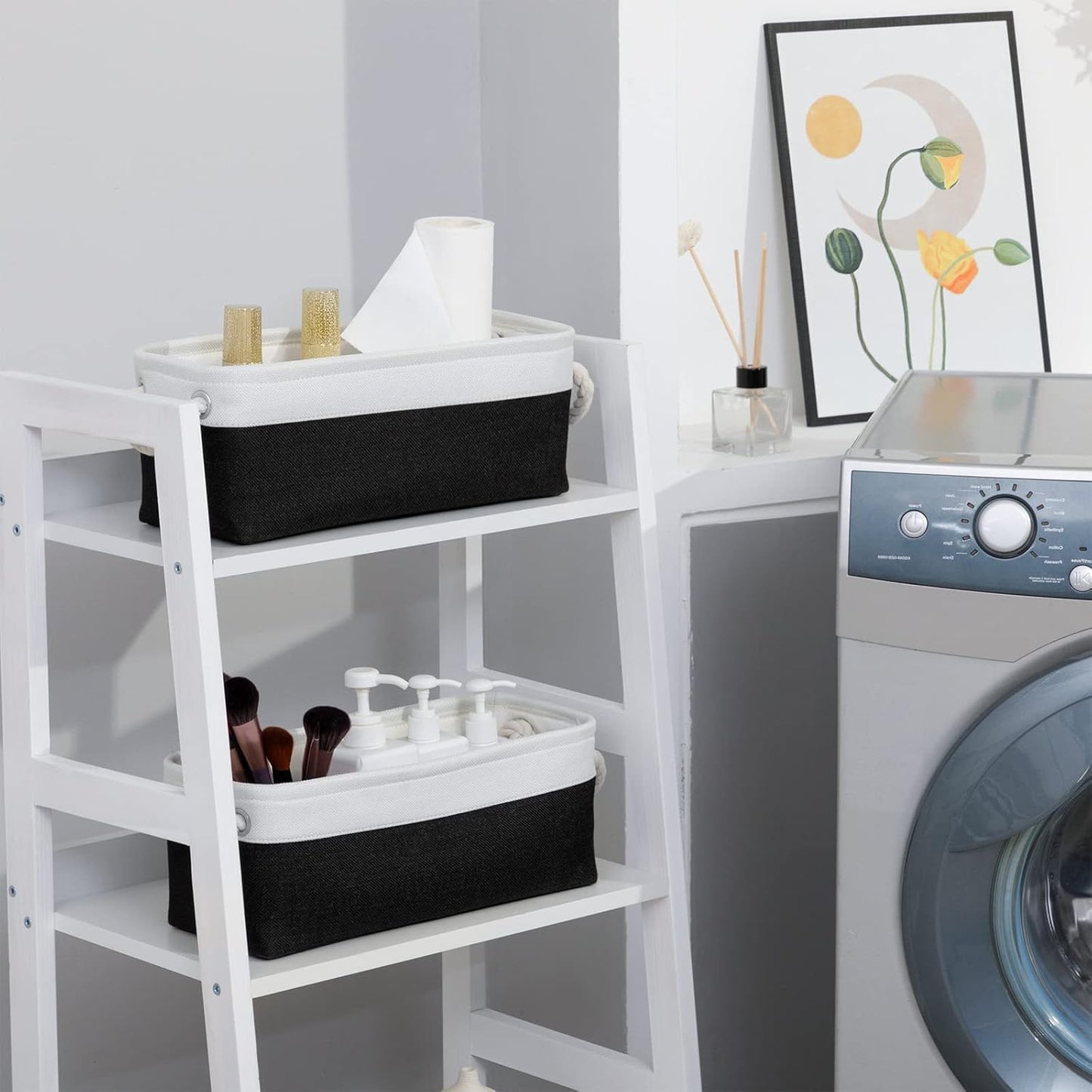 DULLEMELO Toilet Paper Storage Basket, Toilet Paper Basket for Back of Toilet, Bathroom Storage Basket for Cosmetics Towels Toilet Paper, Toilet Tank Basket with Rope Handles for Toilet(White&Black)