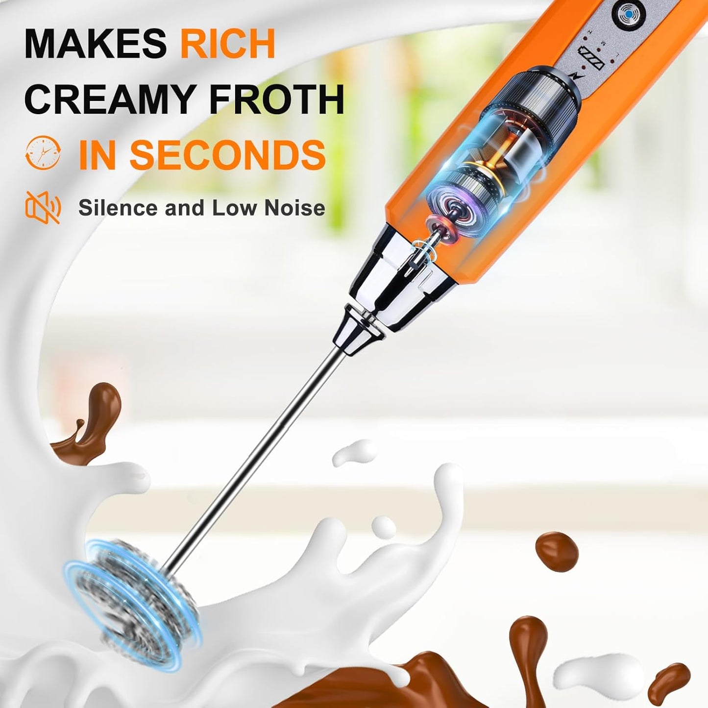 YUSWKO Fluorescence Orange Handheld Milk Frother Wand for Coffee, Rechargeable Electric Whisk with 3 Heads 3 Speeds Drink Mixer Coffee Frother For Latte, Cappuccino, Hot Chocolate, Egg