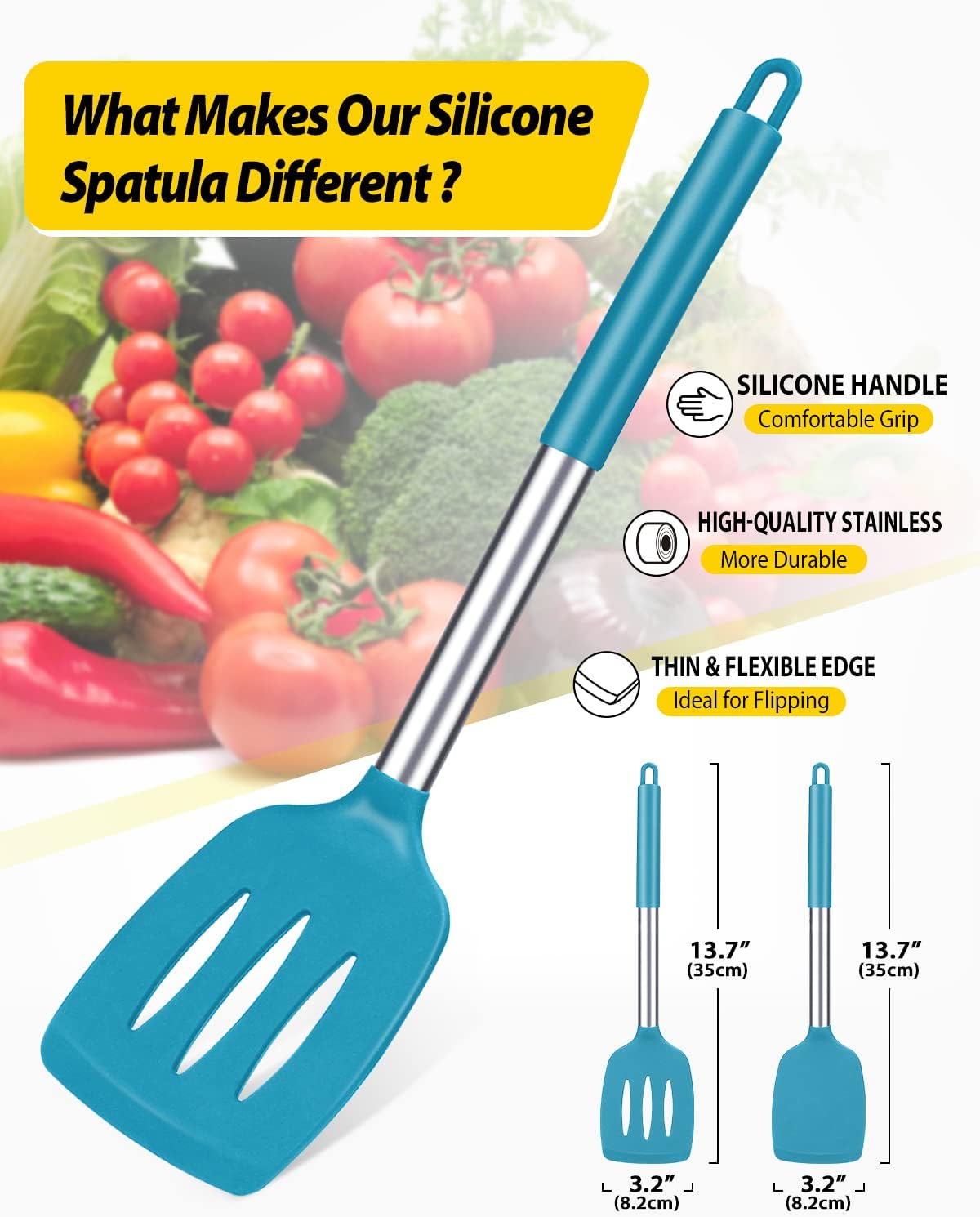 Pack of 2 Silicone Solid Turner, Non Stick Slotted Kitchen Spatulas, High Heat Resistant BPA Free Cooking Utensils, Ideal Cookware for Fish, Eggs, Pancakes(Blue)