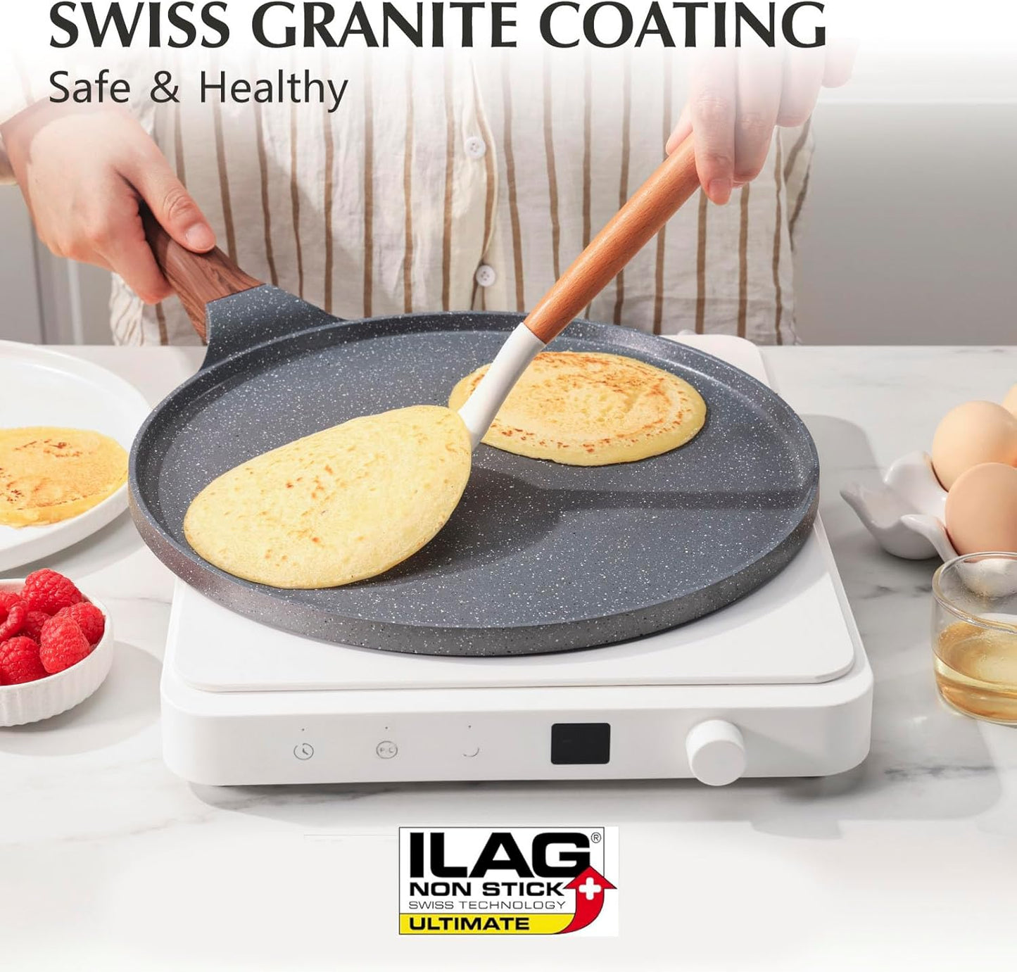 SENSARTE Nonstick Crepe Pan, Swiss Granite Coating Dosa Pan Pancake Flat Skillet Tawa Griddle 12-Inch with Stay-Cool Handle, Induction Compatible