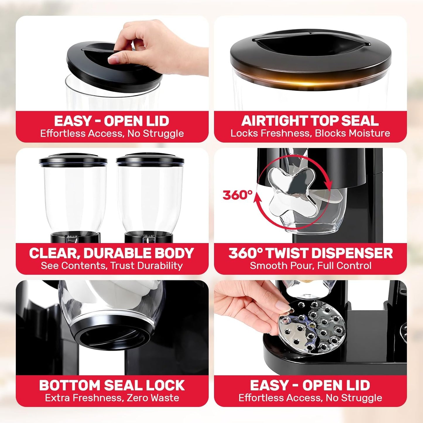 Dual-Control Cereal Dispenser Countertop, 2 Pack 2L Cereal Containers Storage with Airtight Lids, Rotating Dispenser for Pantry, Cereal, Dry Food, Candy, Rice, Grains, Coffee Bean