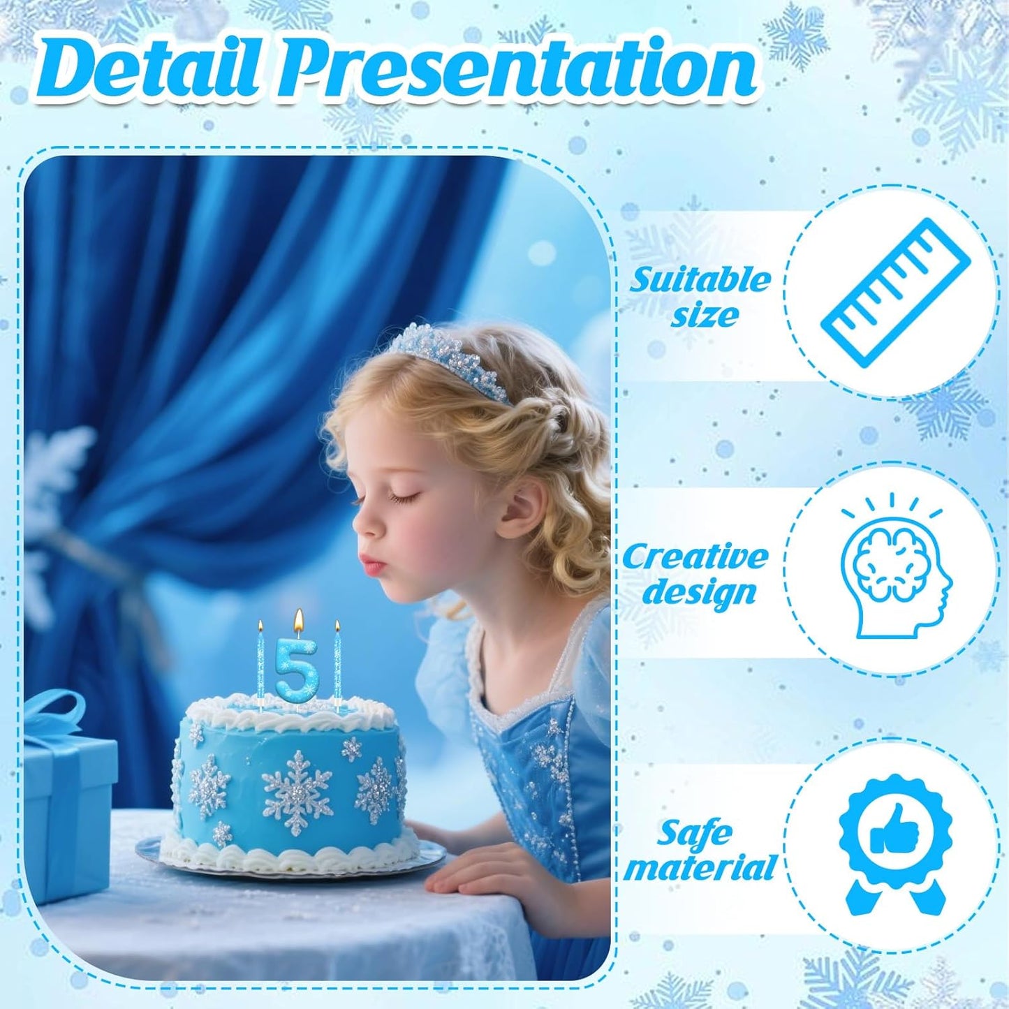13PCS White and Blue Frozen Themed Party Birthday Candles Set - Blue Number Candles Snowflake Themed Decorations, Girls Party Supplies(Number 5)