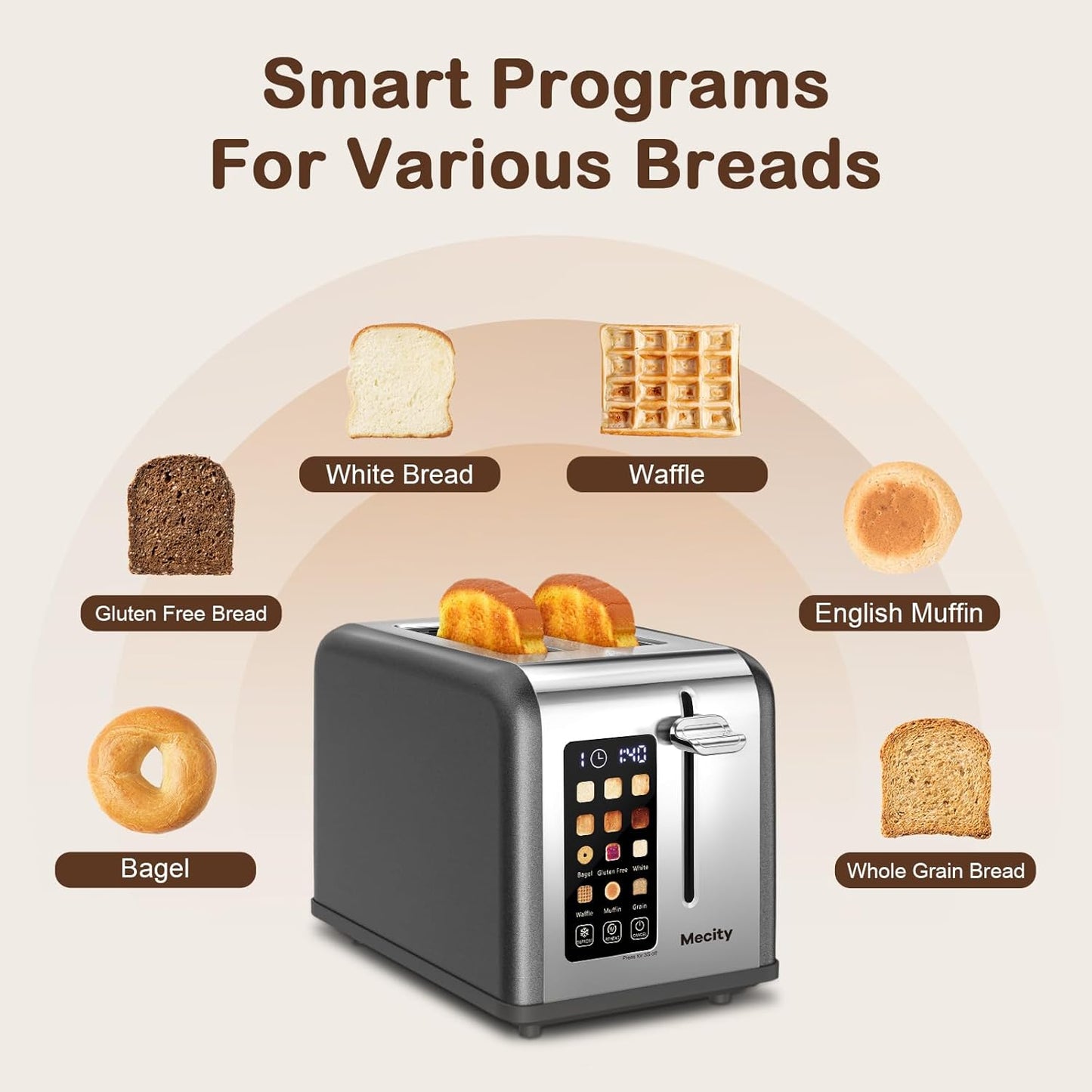 Mecity 2 Slice Touch Screen Toaster, 1.5" Wide Slot, Stainless Steel Smart Toaster for Bagels, Muffins, Waffles, Gluten-Free Breads, Defrost, Reheat, Timer, 120V 825W, Pearl Grey