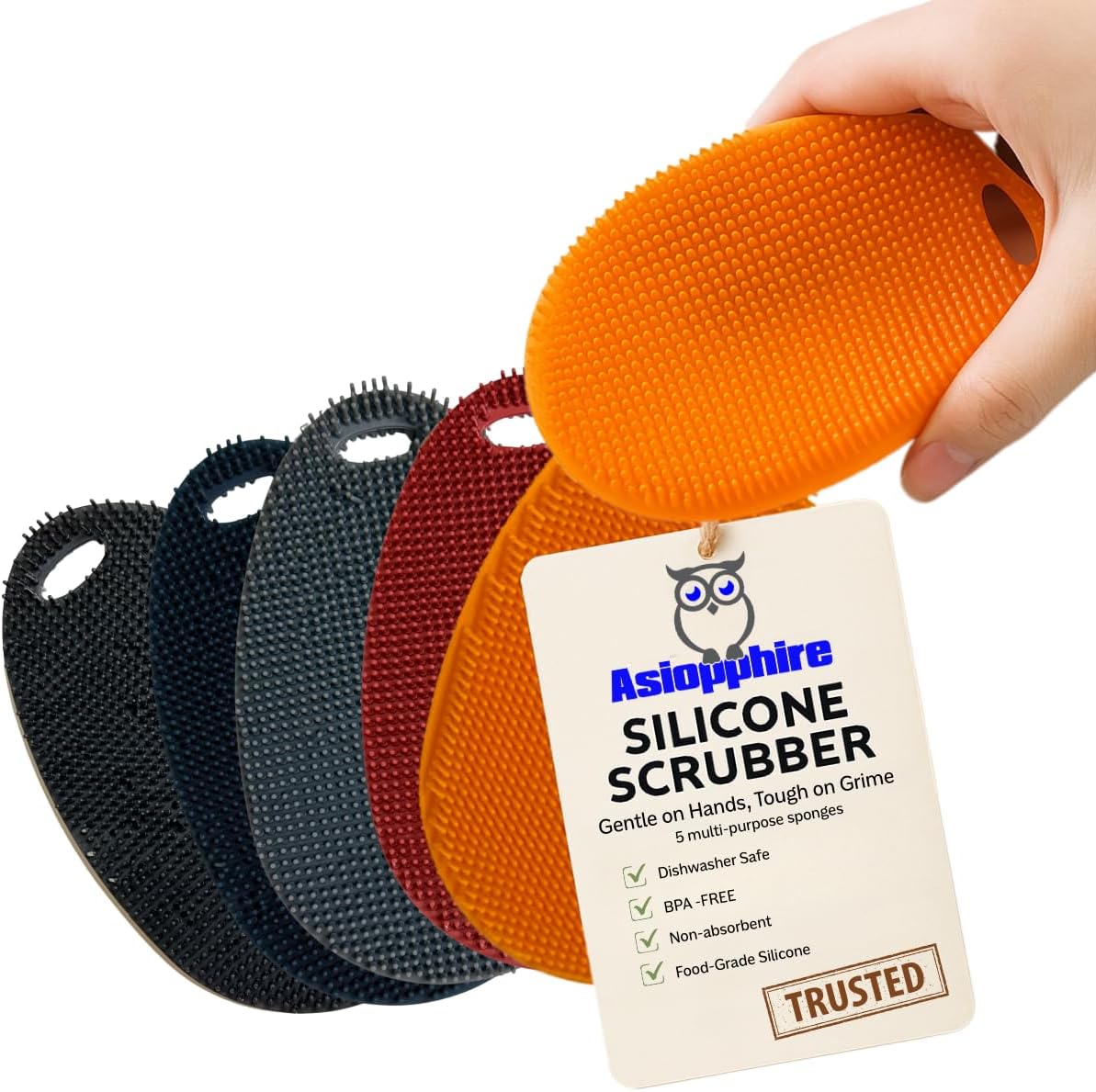 Silicone Sponge Dish Scrubber - Food Grade and Housecleaning - BPA Free Silicone Kitchen Scrubber [5 Pack Ovals Winter]