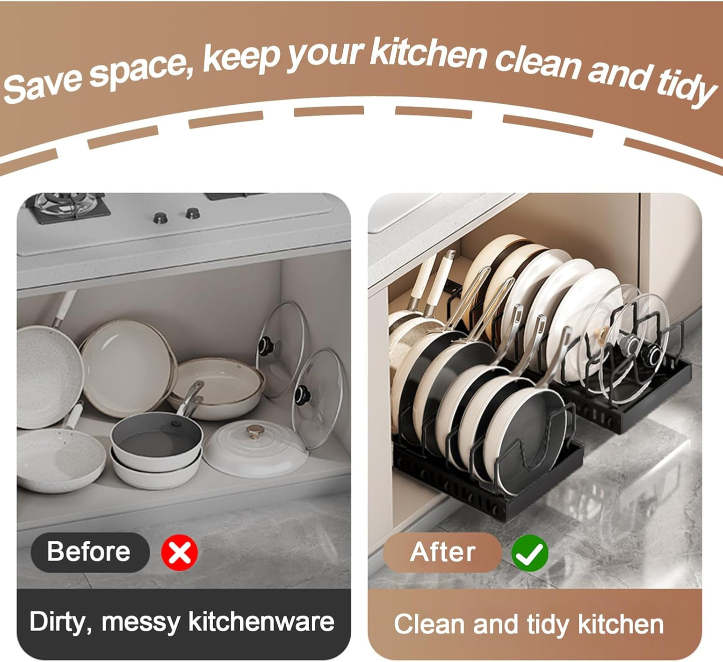 2 Pack Pots and Pans Organizer Under Cabinet, Sliding Pot Lid Holder and Pan Rack in Kitchen, Pull out Pot and Pan Organizer, for Pot Lid, Bakeware, Dishes, Pots and Pans Storage