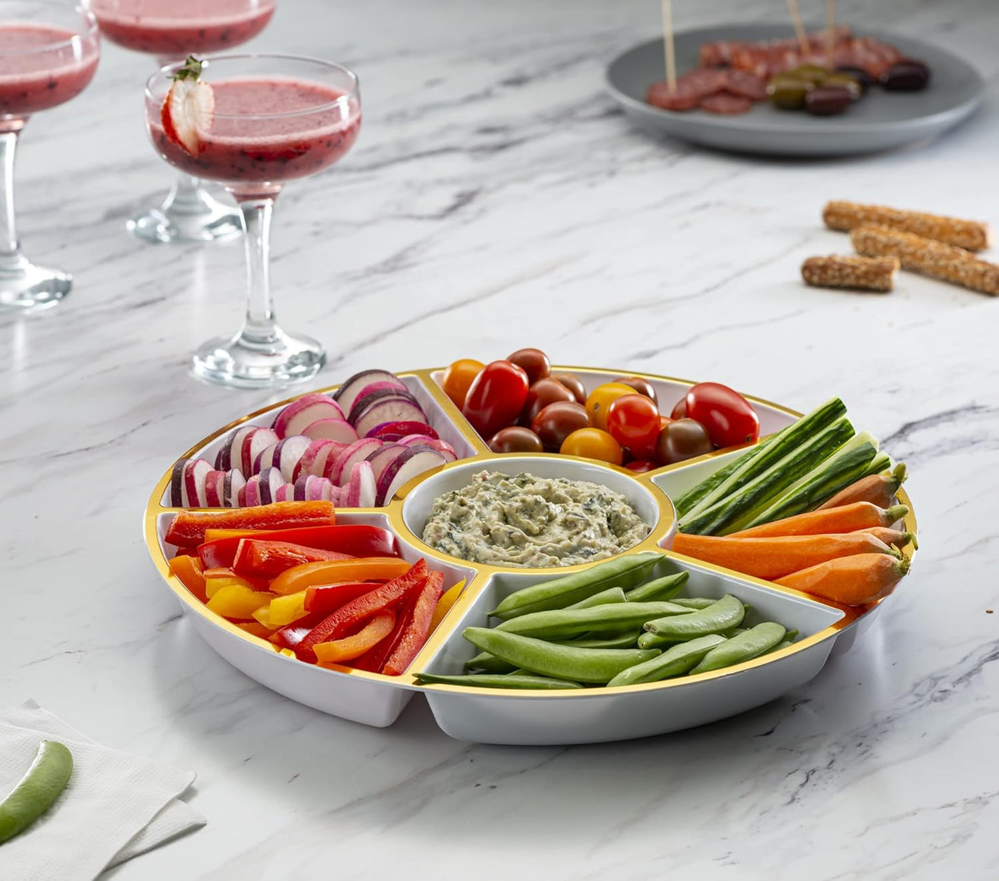 Plasticpro 6 Sectional Round Plastic Serving Tray/Platter (2, White & Gold)