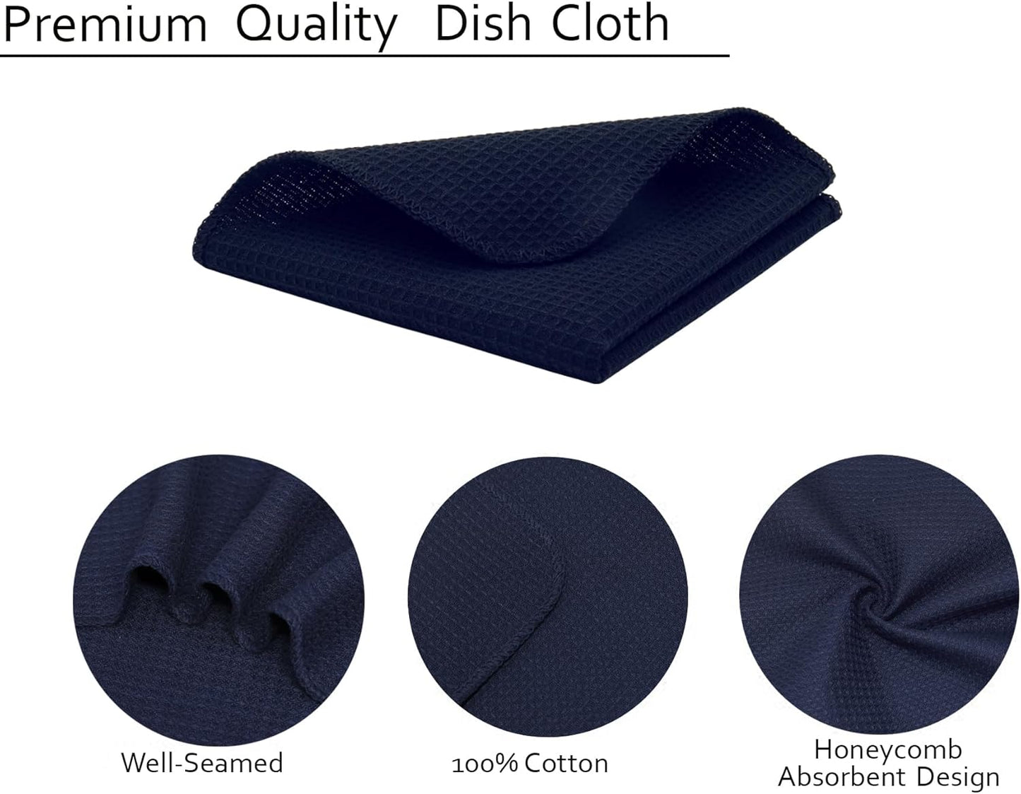 PurpleEssences Dish Cloths and Dish Rags - 6 Pack Waffle Weave Solid Kitchen Dish Wash Cloths, 100% Cotton, 12 x 12 Inches, Ultra Soft Absorbent Quick Drying - Navy Blue