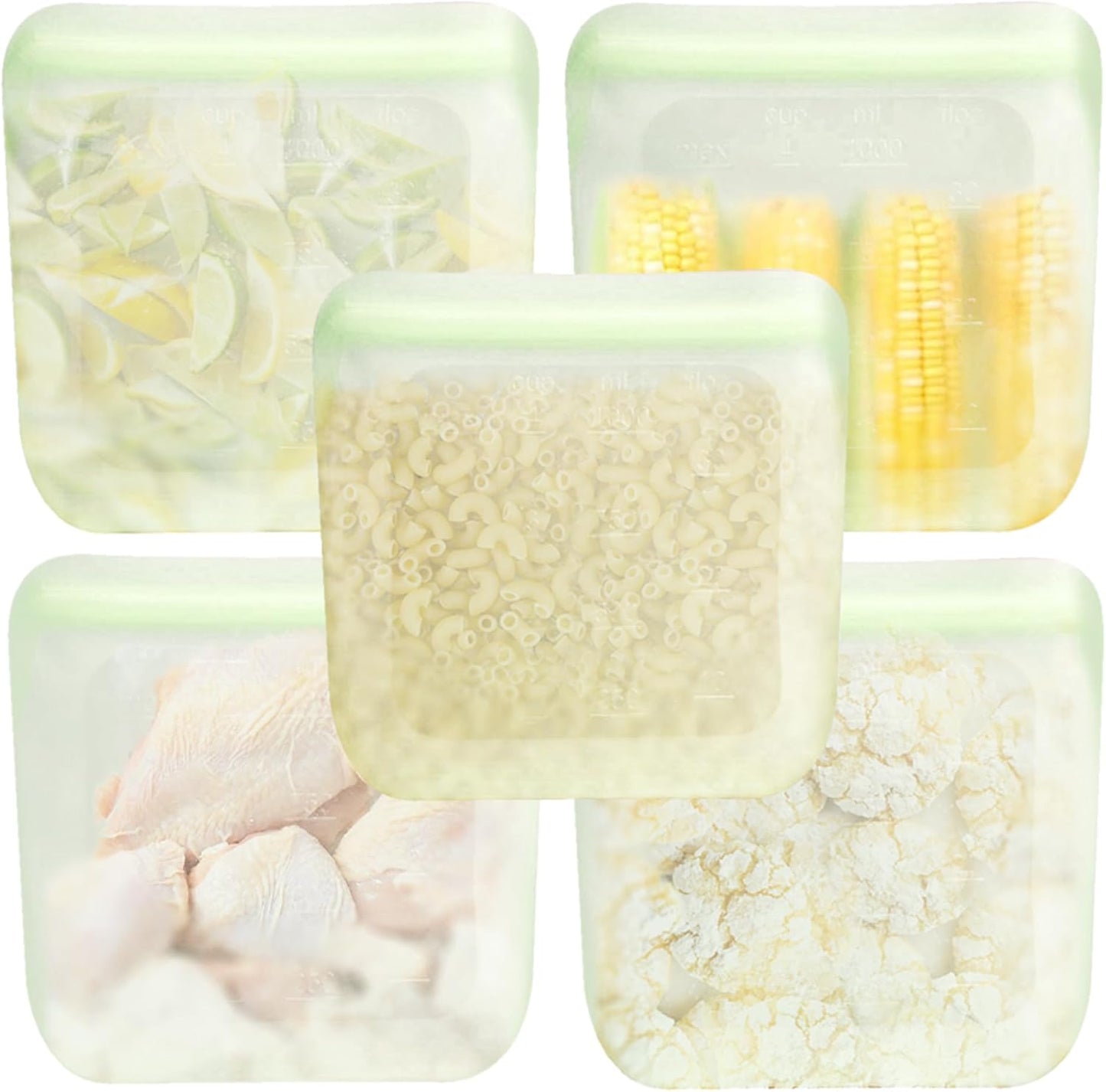 purifyou Set of 5 Reusable Silicone Storage Snack Bags 6oz / 16oz / 32oz / 64oz Self-Seal Food Storage Container for Fruits, Vegetables, Sandwiches, Dishwasher Safe & Leak-free (LimeCream, 32oz)