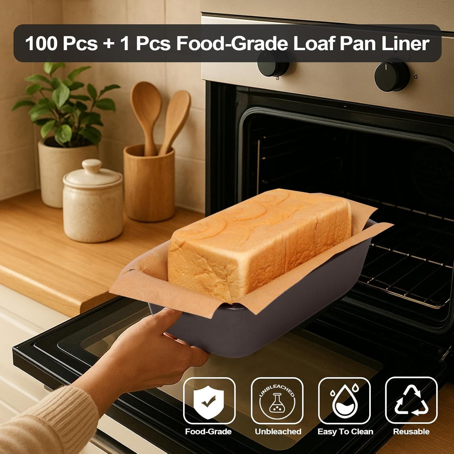 100 Pcs Unbleached Parchment Paper & 1 Pcs Silicone Loaf Pan Liner Set - Non-Stick Precut 9’’x5’’Bread Baking Sheets & Reusable Sourdough Sling with 4 Handles