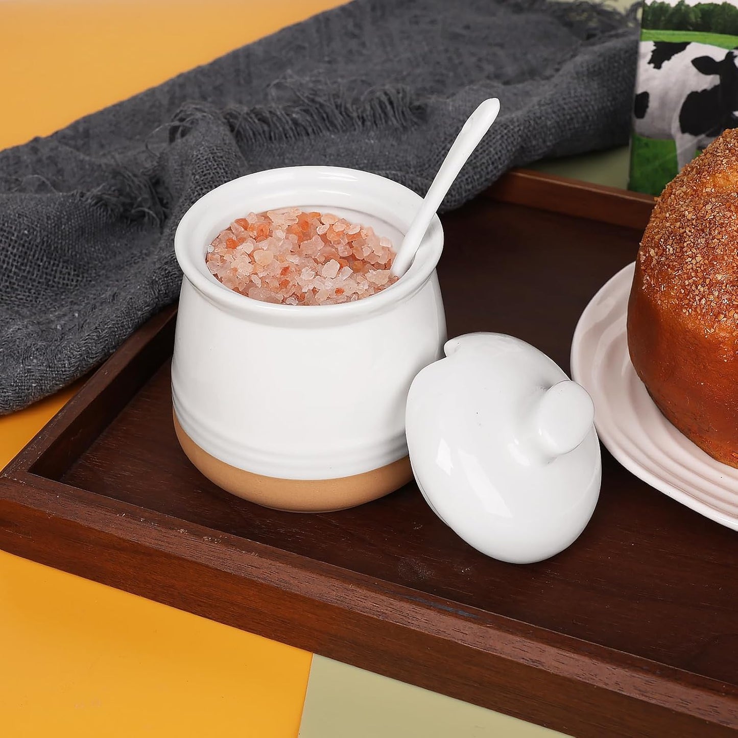 LEETOYI Sugar Bowl with Lid and Spoon, 12 oz Ceramic Sugar jar, Sugar Container for Coffee Bar, Sugar Dispenser Bowl, Microwave & Dishwasher Safe, White