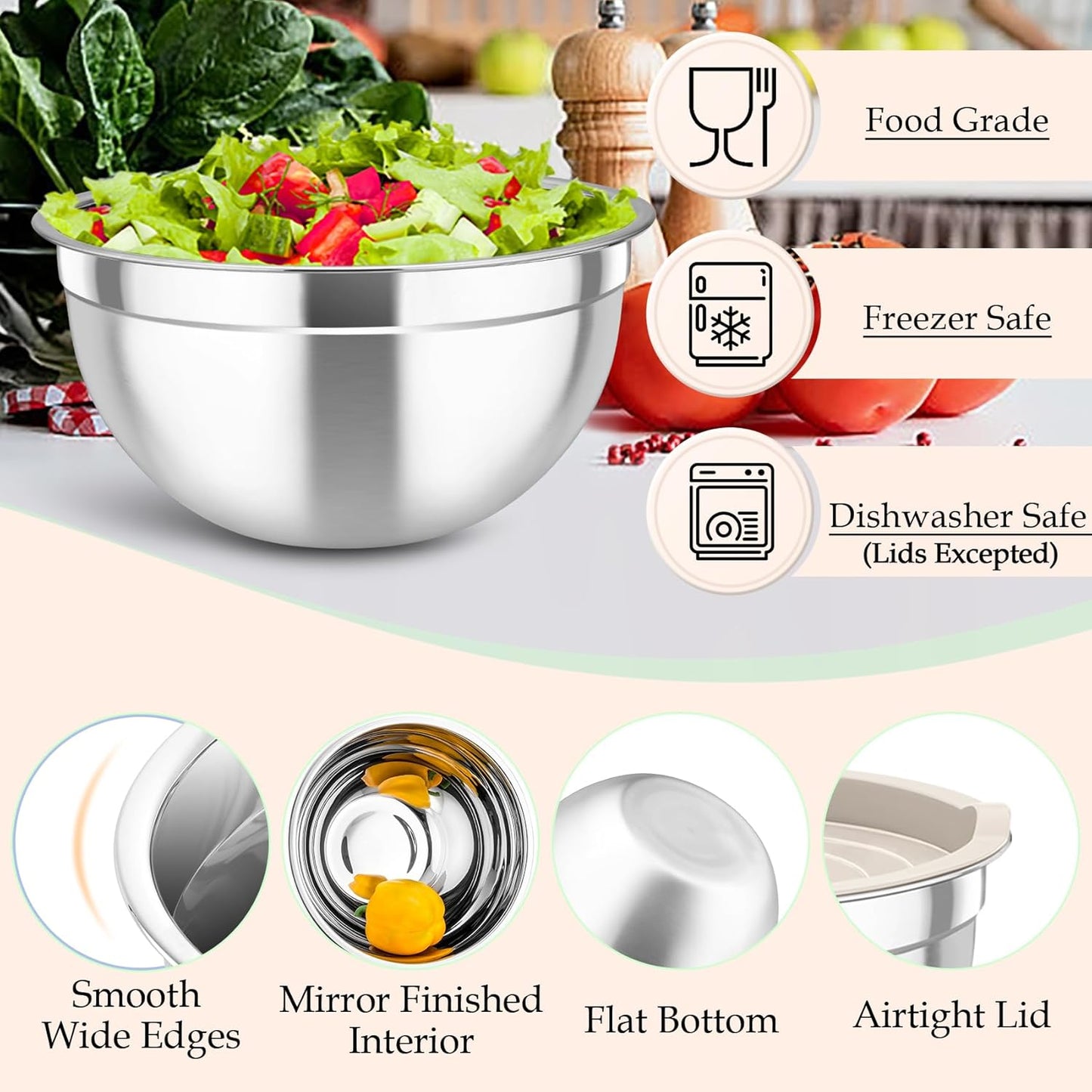 TeamFar Mixing Bowls, 6PCS Stainless Steel Nesting Mixing Salad Bowl with Lids & 3 Grater Attachments, for Food Cooking Baking Storing, Healthy, Khaki - 4.6/2.6/2 / 1.5/1 / 0.7 QT