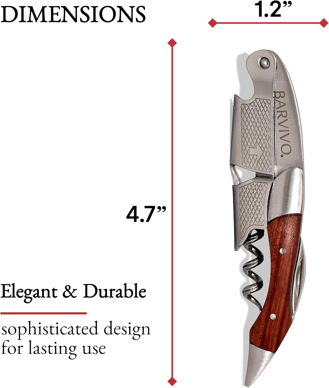 Barvivo Wine Bottle Opener with Double Hinged Corkscrew - 4.5-Inch Manual Wine Key with Foil Cutter and Cap Remover - Stainless Steel Bar Key Tool for Bartenders and Servers - Natural Rosewood Handle