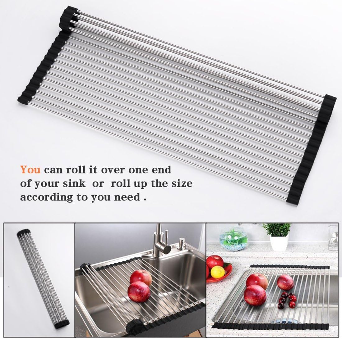 Ahyuan Roll up Dish Drying Rack Over The Sink Kitchen Roll up Sink Drying Rack Portable Dish Drainer Foldable Dish Drying Rack (Black, 20.5''X16.9'')