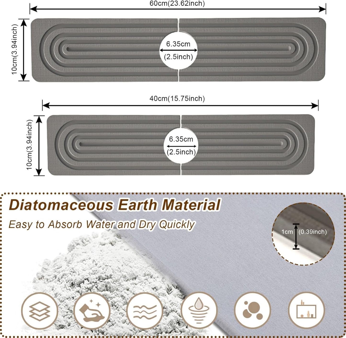 Faucet Mat for Kitchen Sink, Diatomite Super Absorbent Fast Drying Stone Sink Tray for Bathroom Kitchen Sink Splash Guard(Square Dark Grey,23.6x3.9in)