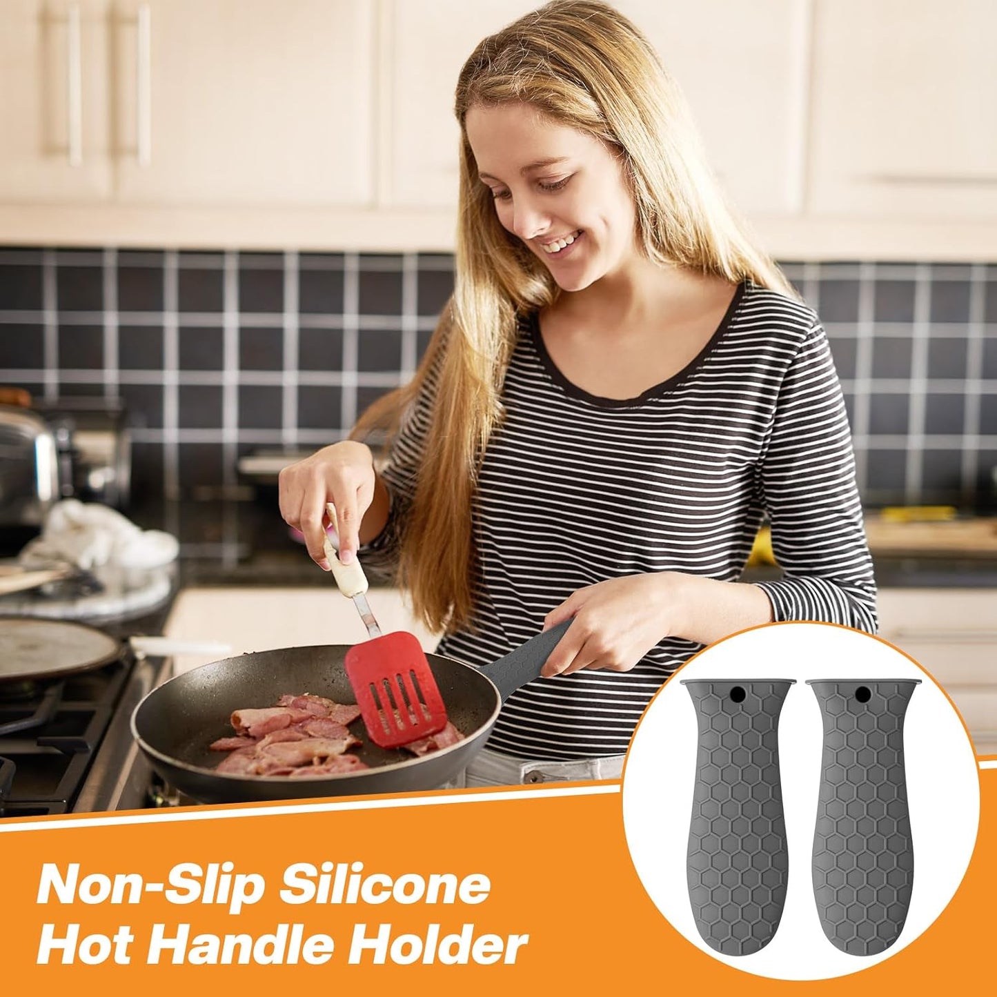 Patelai 2pcs Silicone Handle Cover for Cast Iron Skillet Kitchen Silicone Handles for Pots and Pans Non-Slip Pot Holder Sleeve for Fry Pan Griddles Metal Aluminum Cookware(Grey)