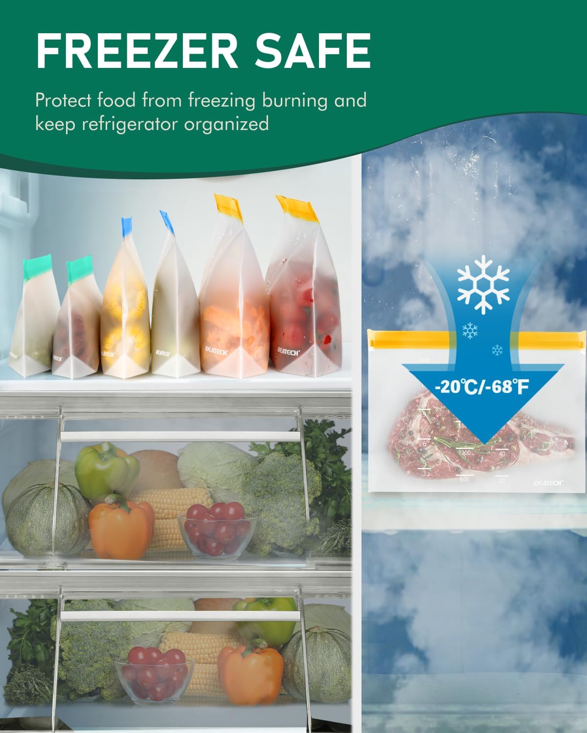 IDEATECH Freezer Bags, Food Storage Containers Dishwasher Safe, Leakproof BPA Free Food Bags Various Size,Gallon, Sandwich, Snack Bags, Reusable Bags for Meals,Lunch,Home Organization Travel(18Pack)