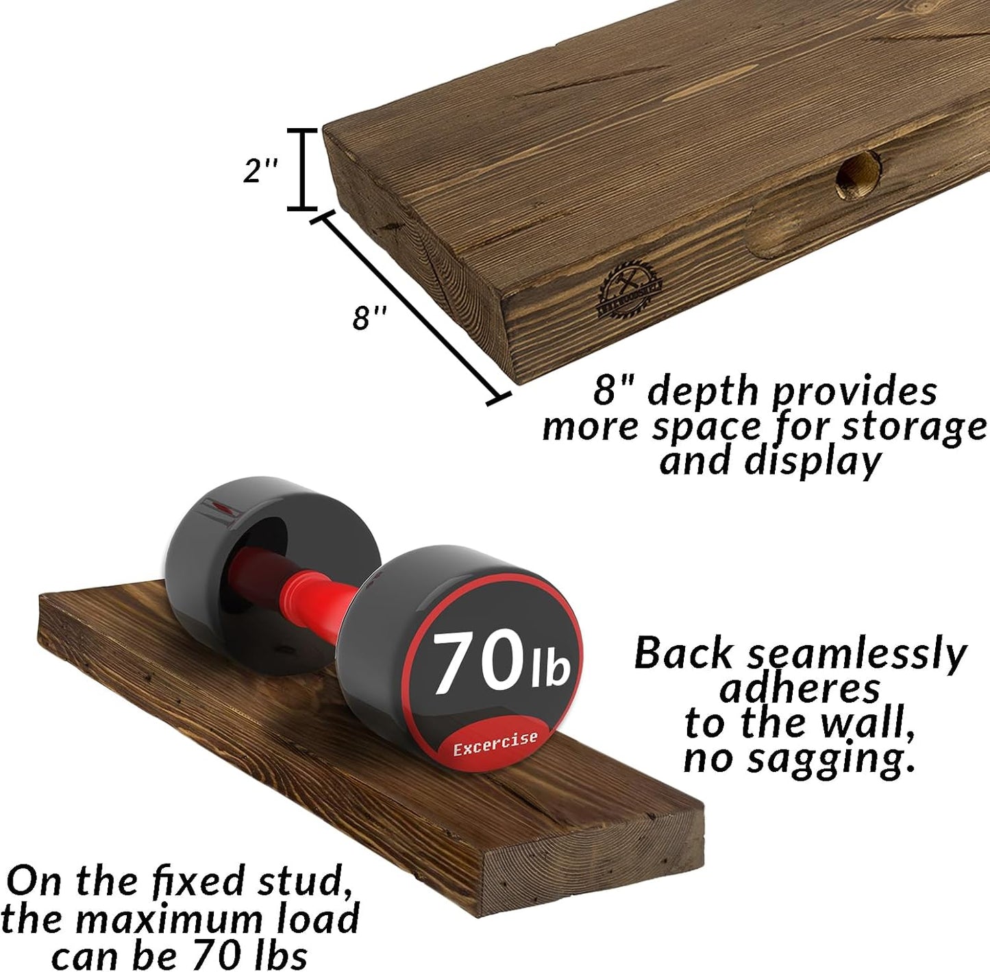 Distressed Floating Shelves 36 inch Long Set of 2,8 inch deep Solid Wood Wall Mounted Shelves for Living Room Kitchen,Book Shelf for Wall with Hidden Bracket- Distressed Black Walnut